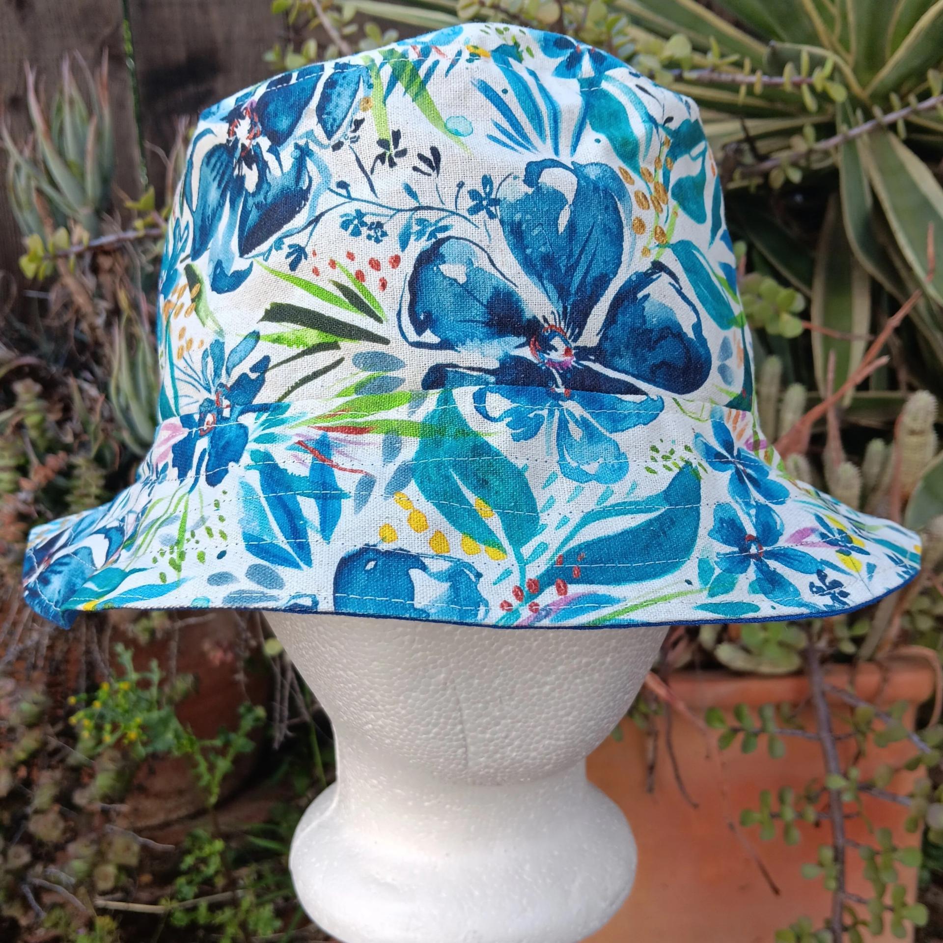 Watercolor Floral Bucket Hat, CANVAS, Reversible, Blue Flowers, Sizes up to 4XL, Cotton, Tropical Hat, Floppy Hat, adults or older children
