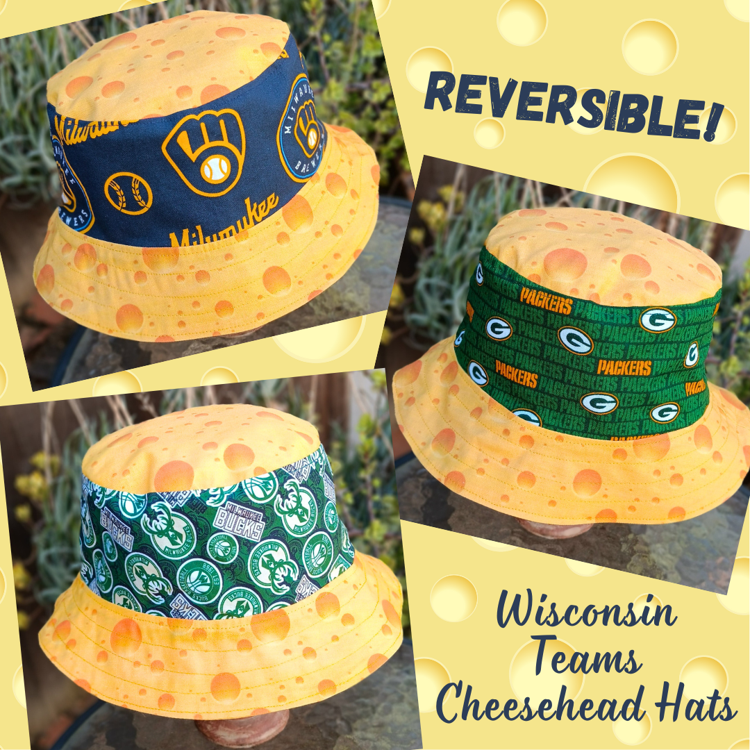 Milwaukee Brewers / Bucks / Badgers / Green Bay Packers Cheese Bucket Hat, Handmade, Reversible, Sizes up to 4XL, floppy hat, Wisconsin cheesehead, football, basketball, baseball