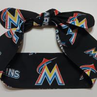 3” wide Miami Marlins self tie fabric headband, multicolor rainbow M logo, hair tie, hair wrap, pin up style, scarf, handmade