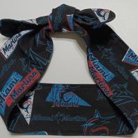 3” wide Miami Marlins self tie fabric headband, black/blue/red/white, hair tie, hair wrap, pin up style, scarf, handmade