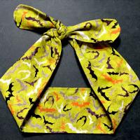 3” Wide Flying Bats headband for Halloween, green, self tie, hair wrap, pin up style, hair tie, hat scarf, hat band