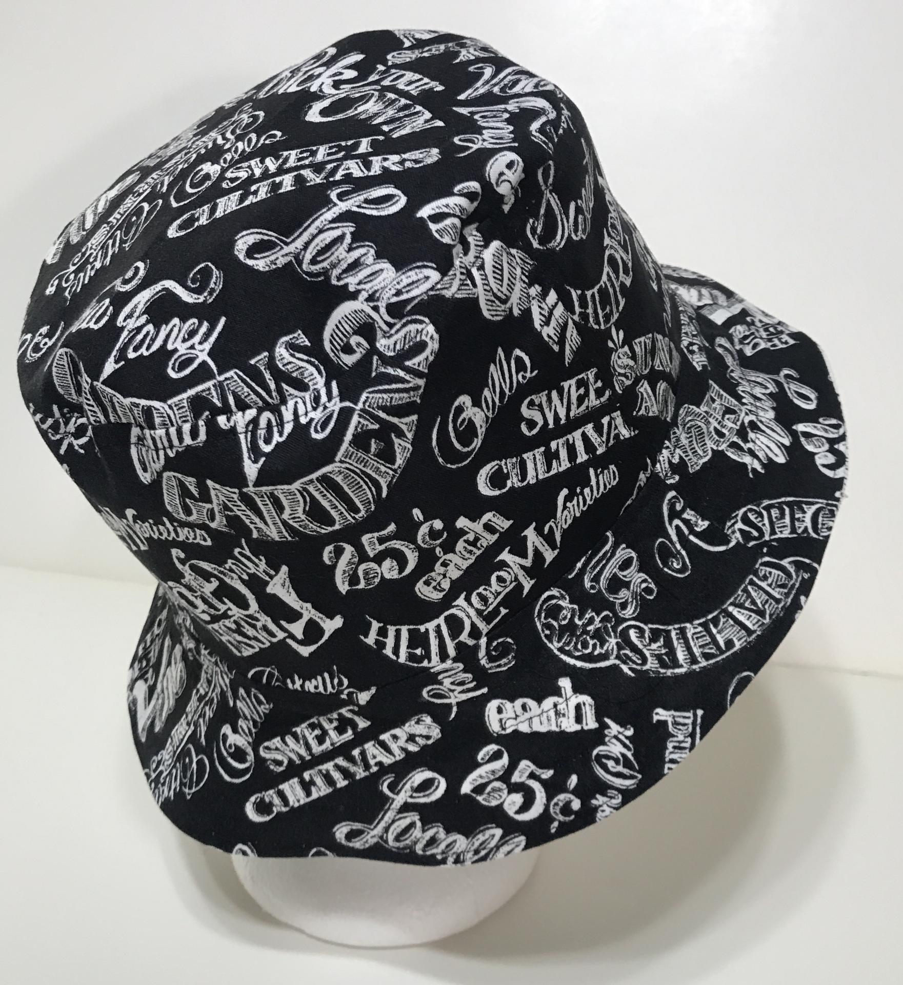 Garden Theme Bucket Hat, Black & White, Reversible Gardening Hat, Sizes up to 4XL, Cotton, Gift for Gardener, Farmers' Market Vegetables