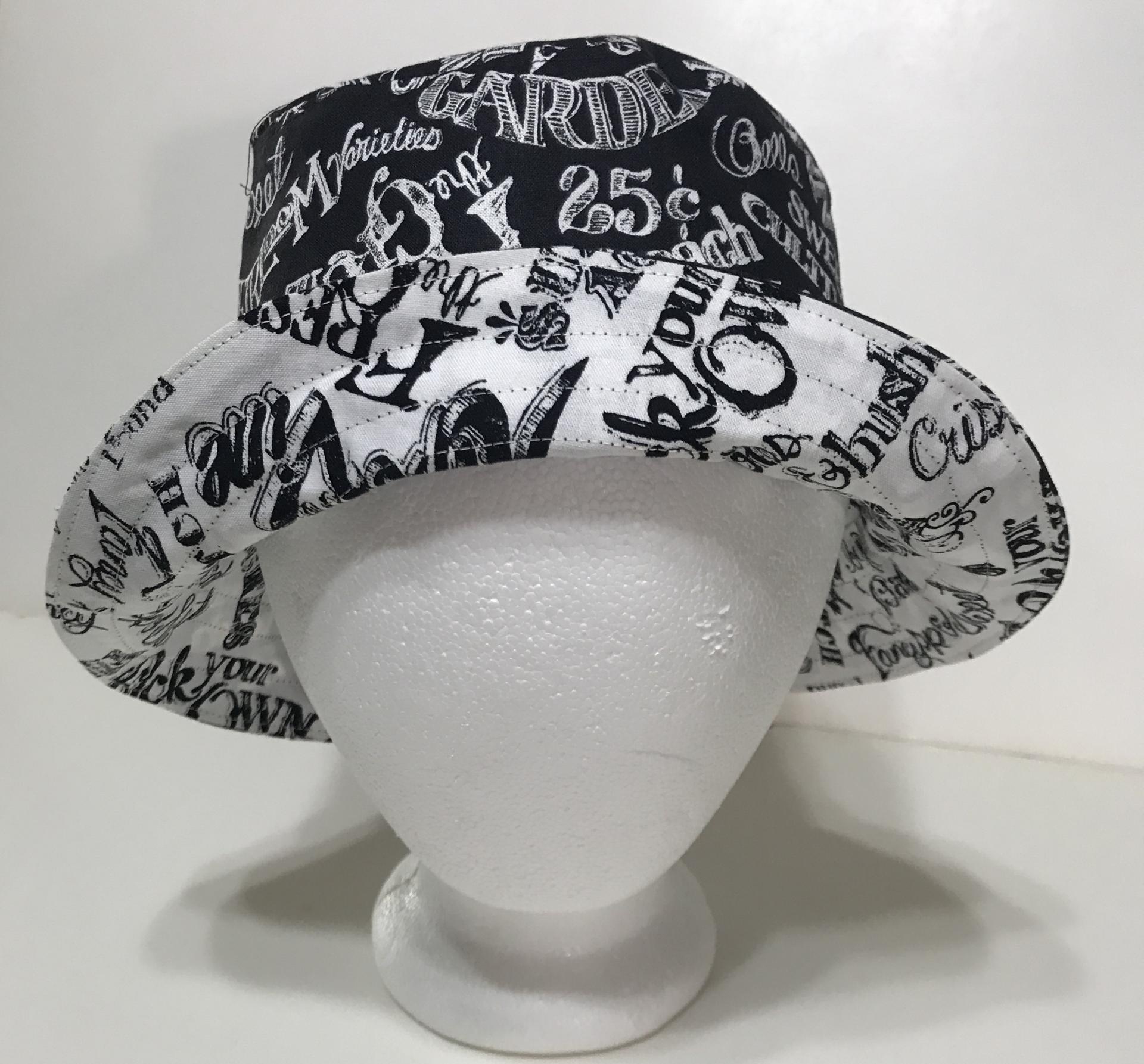 Garden Theme Bucket Hat, Black & White, Reversible Gardening Hat, Sizes up to 4XL, Cotton, Gift for Gardener, Farmers' Market Vegetables