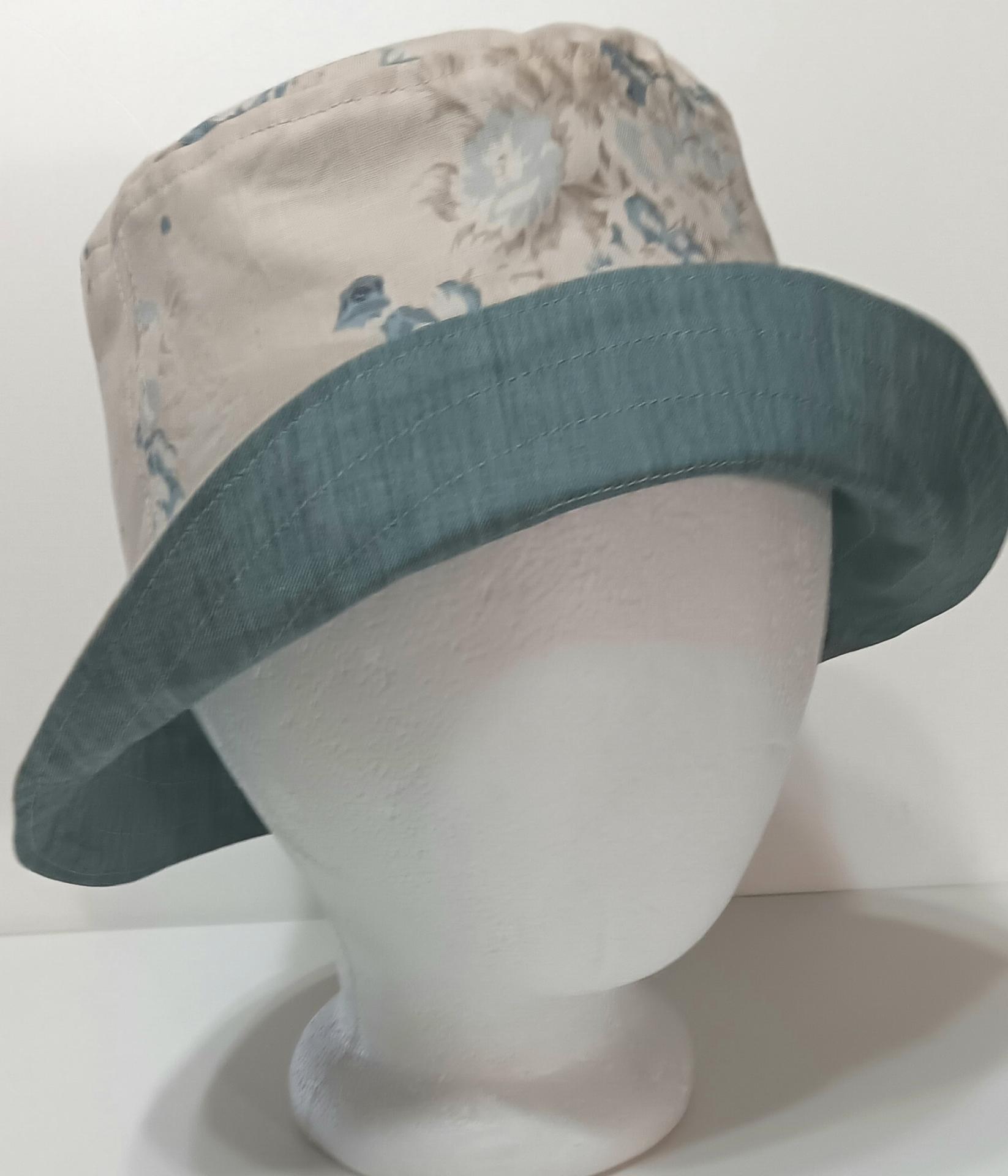 Reversible Floral Bucket Hat, Blue and Beige, neutral color, Sizes up to 4XL, floppy hat, gift for her, ponytail hat, sun hat