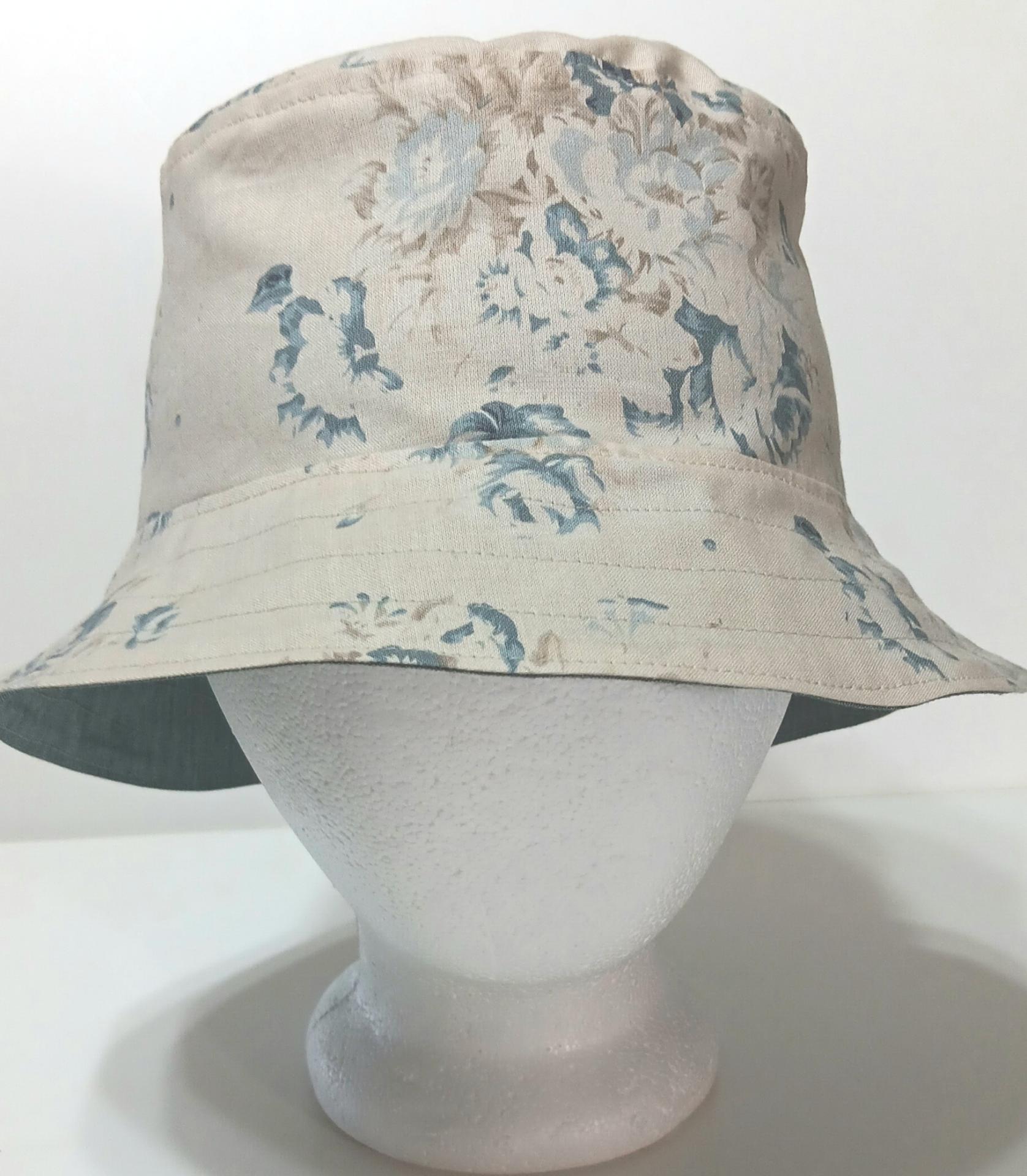 Reversible Floral Bucket Hat, Blue and Beige, neutral color, Sizes up to 4XL, floppy hat, gift for her, ponytail hat, sun hat