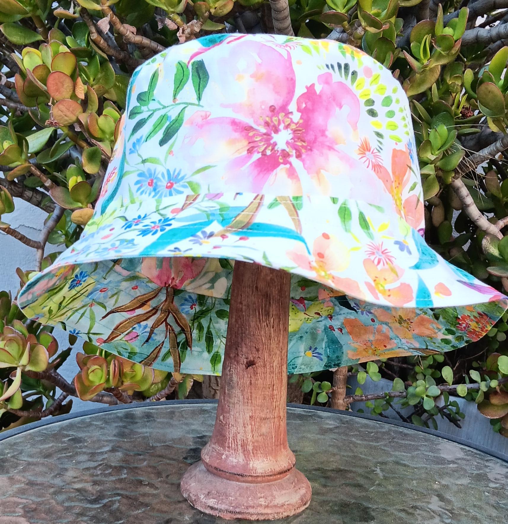 Aqua / White Reversible Watercolor Floral Bucket Hat, Sizes up to 4XL, Hat with Flowers, Sun Hat, Floppy Hat, Tropical Hat, Multicolor
