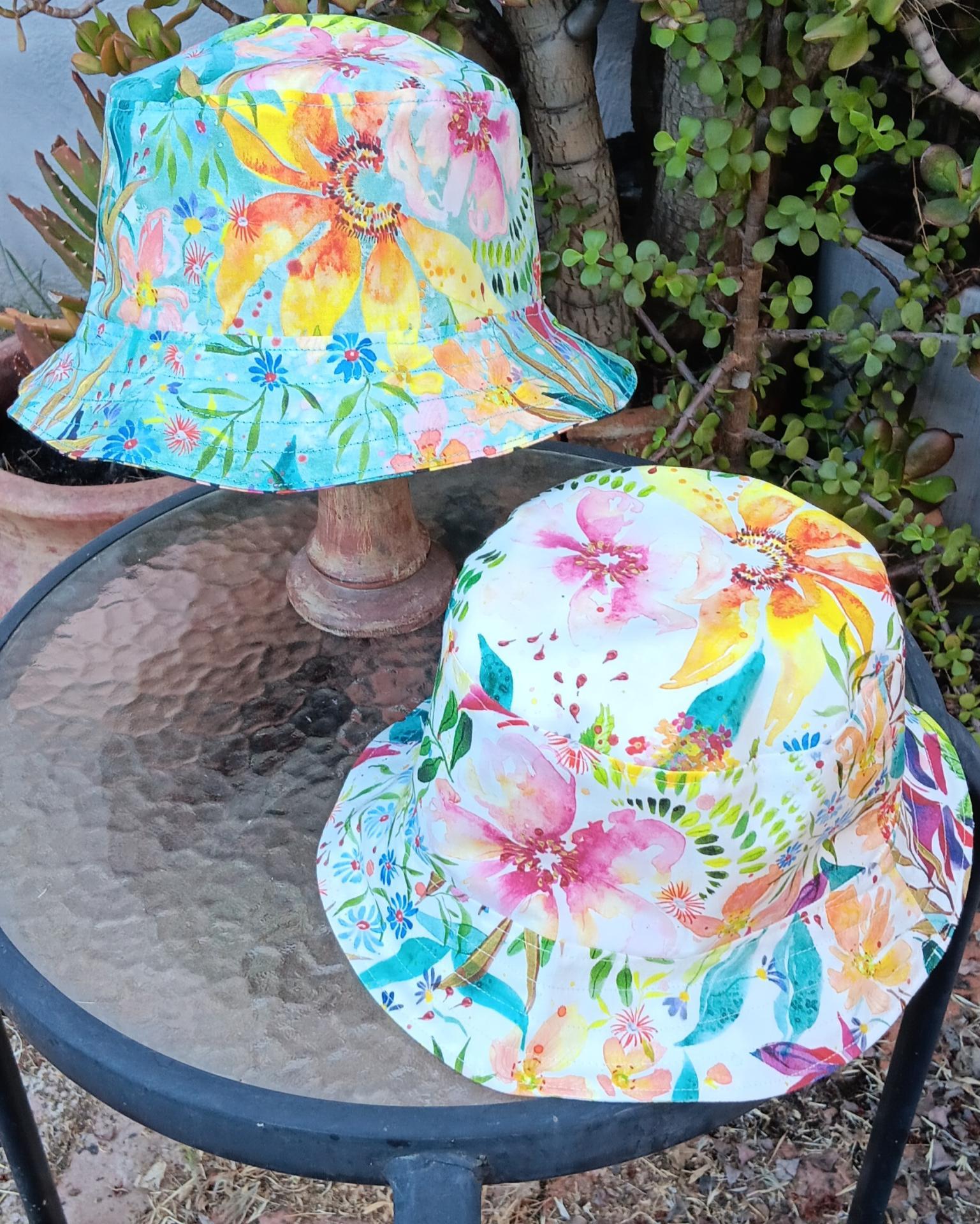 Aqua / White Reversible Watercolor Floral Bucket Hat, Sizes up to 4XL, Hat with Flowers, Sun Hat, Floppy Hat, Tropical Hat, Multicolor