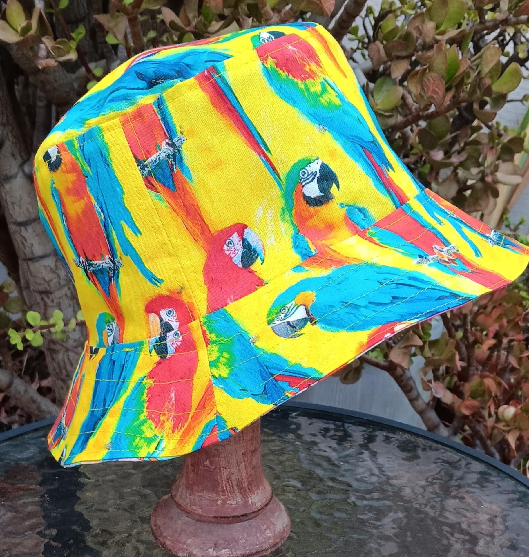 Parrots Macaws Bucket Hat, Unisex Sizes up to 4XL, Sun Hat, Floppy Hat, Tropical Hat, Summer Hat, Ponytail Hat, Bright Yellow
