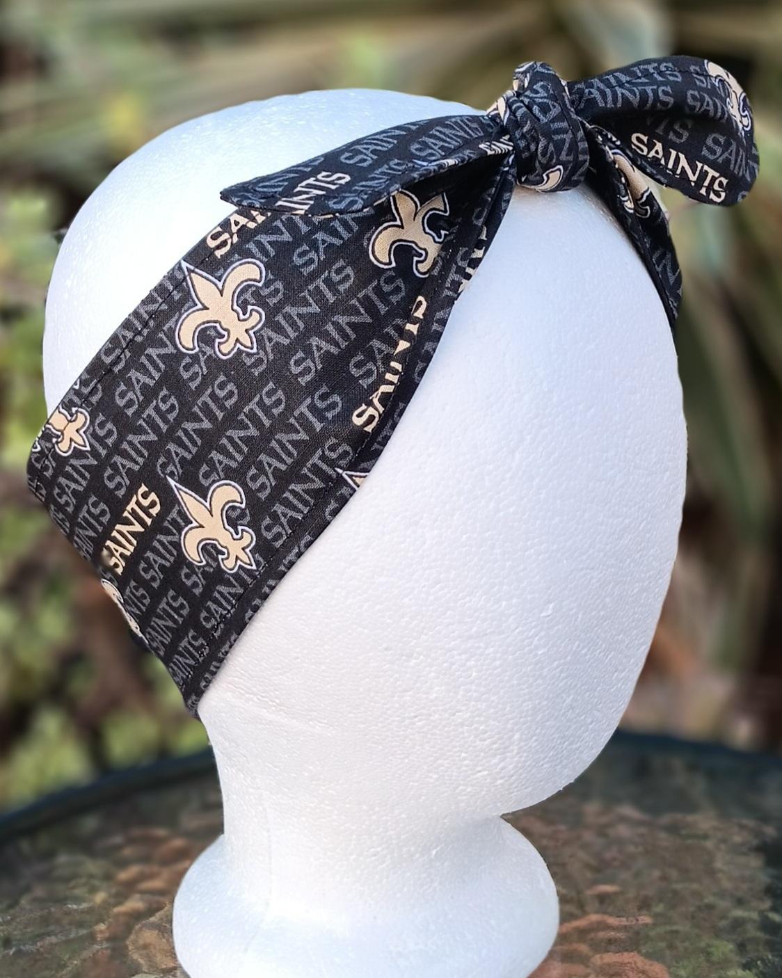 3” Wide New Orleans Saints headband, selft tie, hair wrap, pin up style, scarf, bandana, retro style, rockabilly, handmade, Louisiana, black