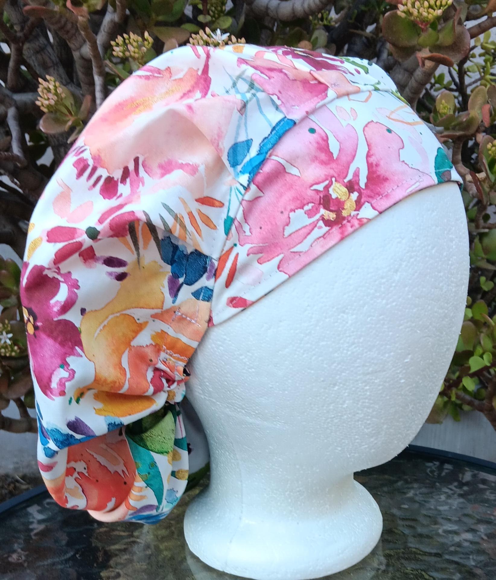 Bouffant Reversible Watercolor Floral scrub cap, adjustable, nurse, technician, doctor, food service, handmade