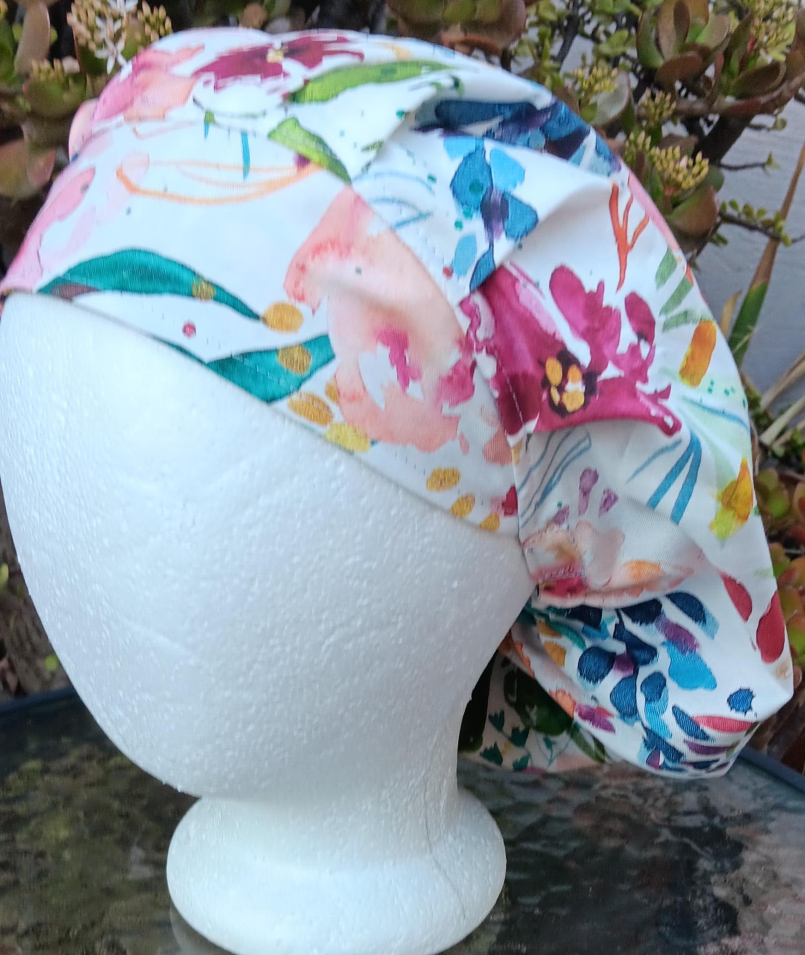 Bouffant Reversible Watercolor Floral scrub cap, adjustable, nurse, technician, doctor, food service, handmade
