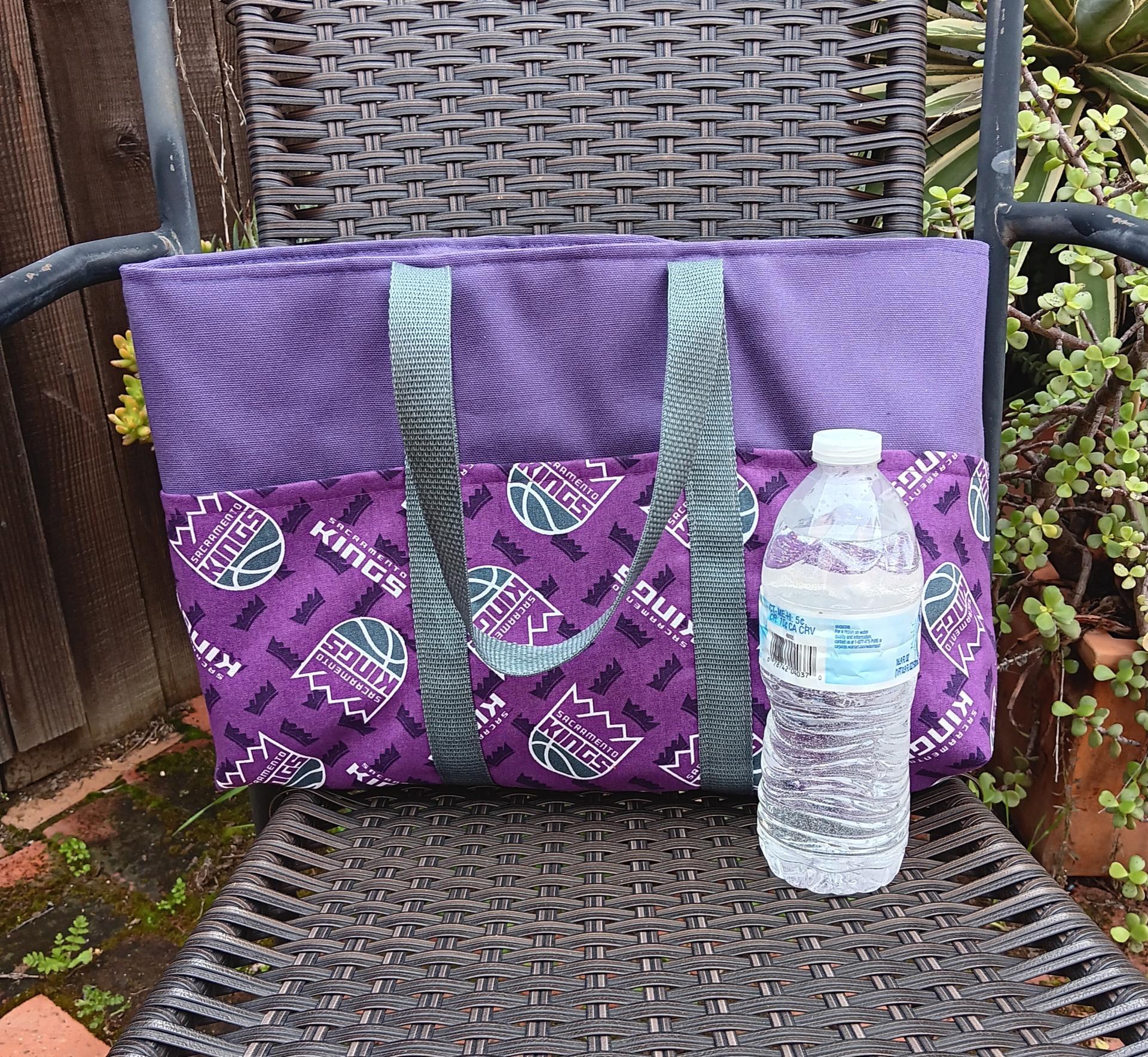 Small canvas heavy duty tote bag, Sacramento Kings, basketball, purple, six exterior pockets, handmade from licensed fabric
