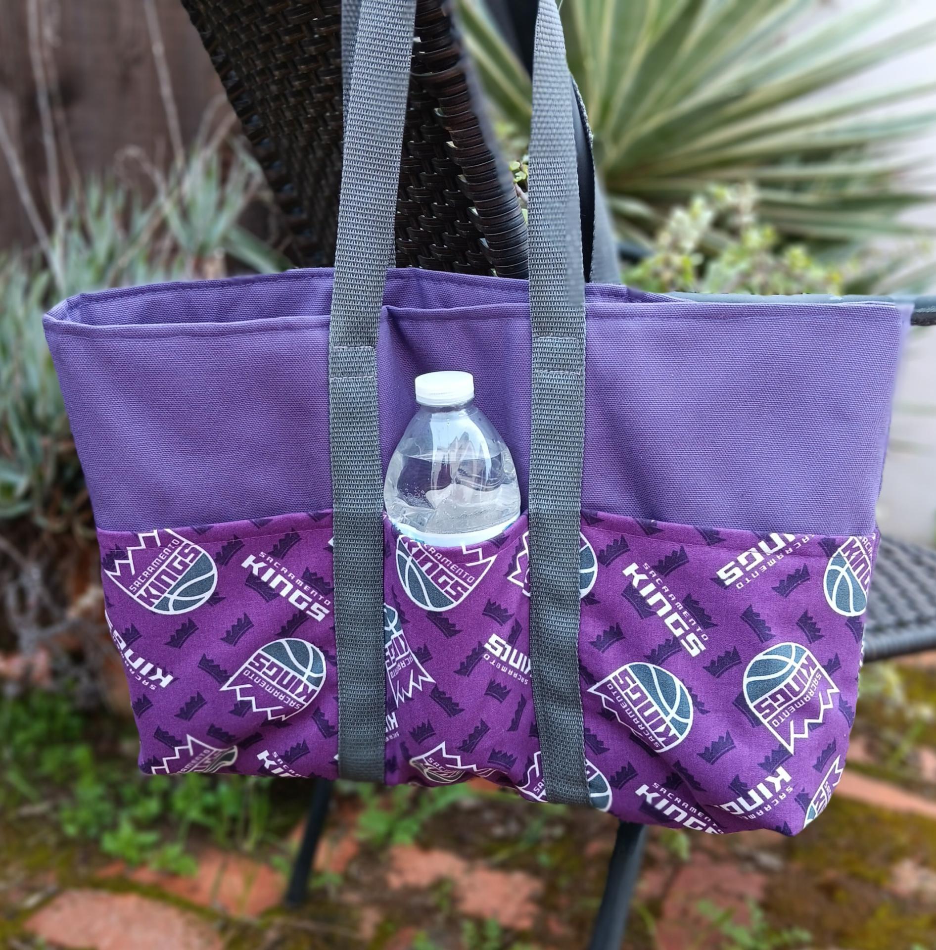 Small canvas heavy duty tote bag, Sacramento Kings, basketball, purple, six exterior pockets, handmade from licensed fabric