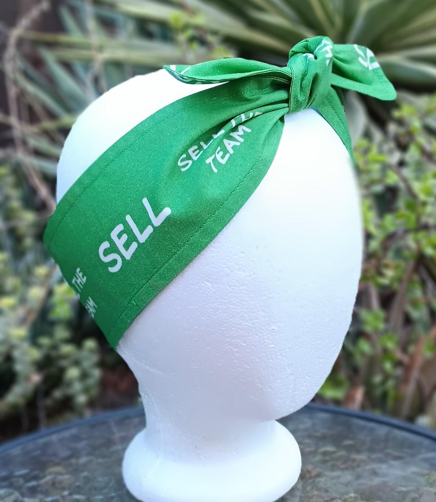 3” Wide SELL headband, self tie, kelly green, SELL THE TEAM, Oakland baseball, pin up style, scarf, bandana, hat band, handmade
