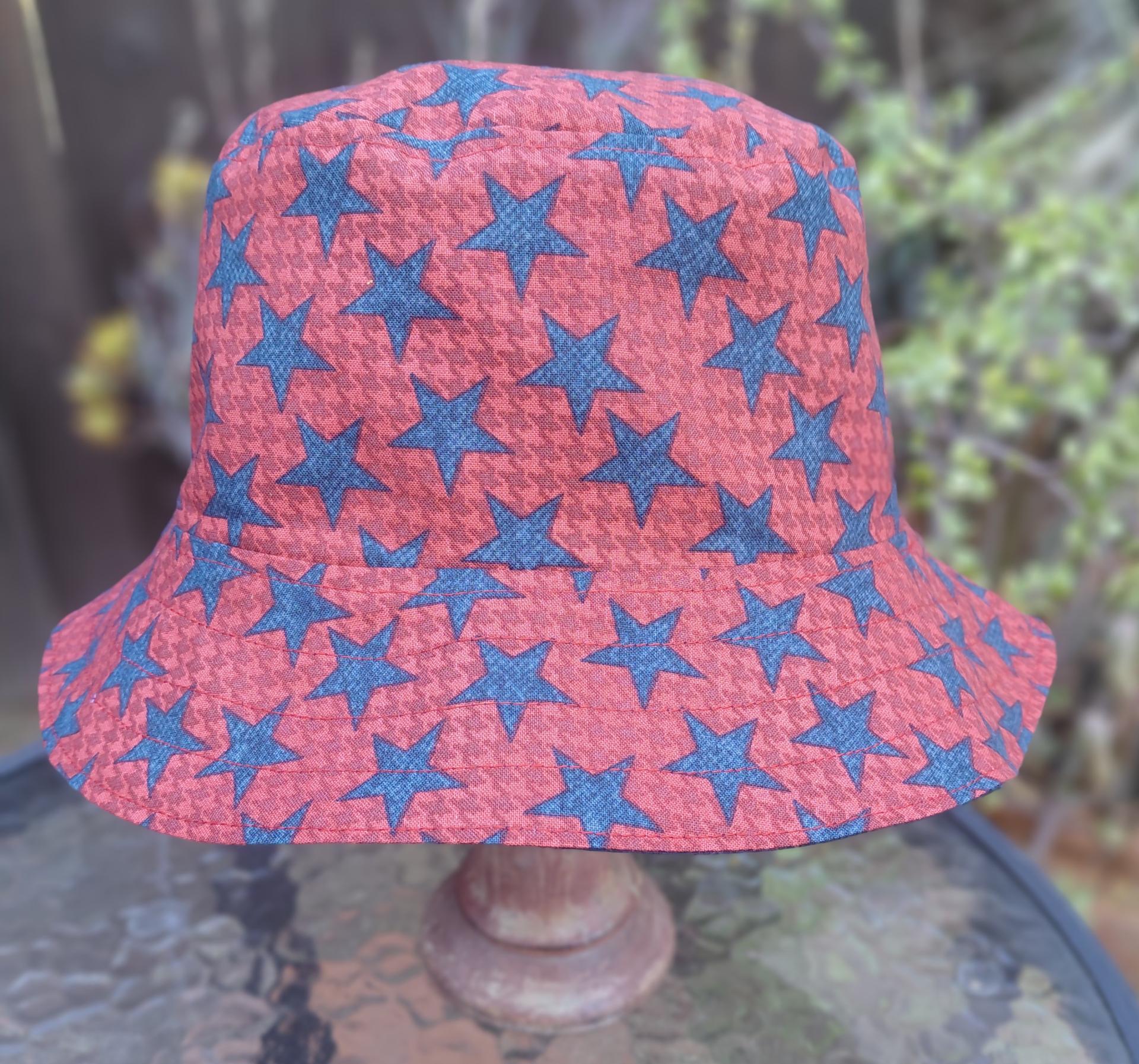 Patriotic Bucket Hat, Red with Blue Stars, Adult Size Large, floppy hat, fishing hat, sun hat, beach hat, patriotic hat, July 4th