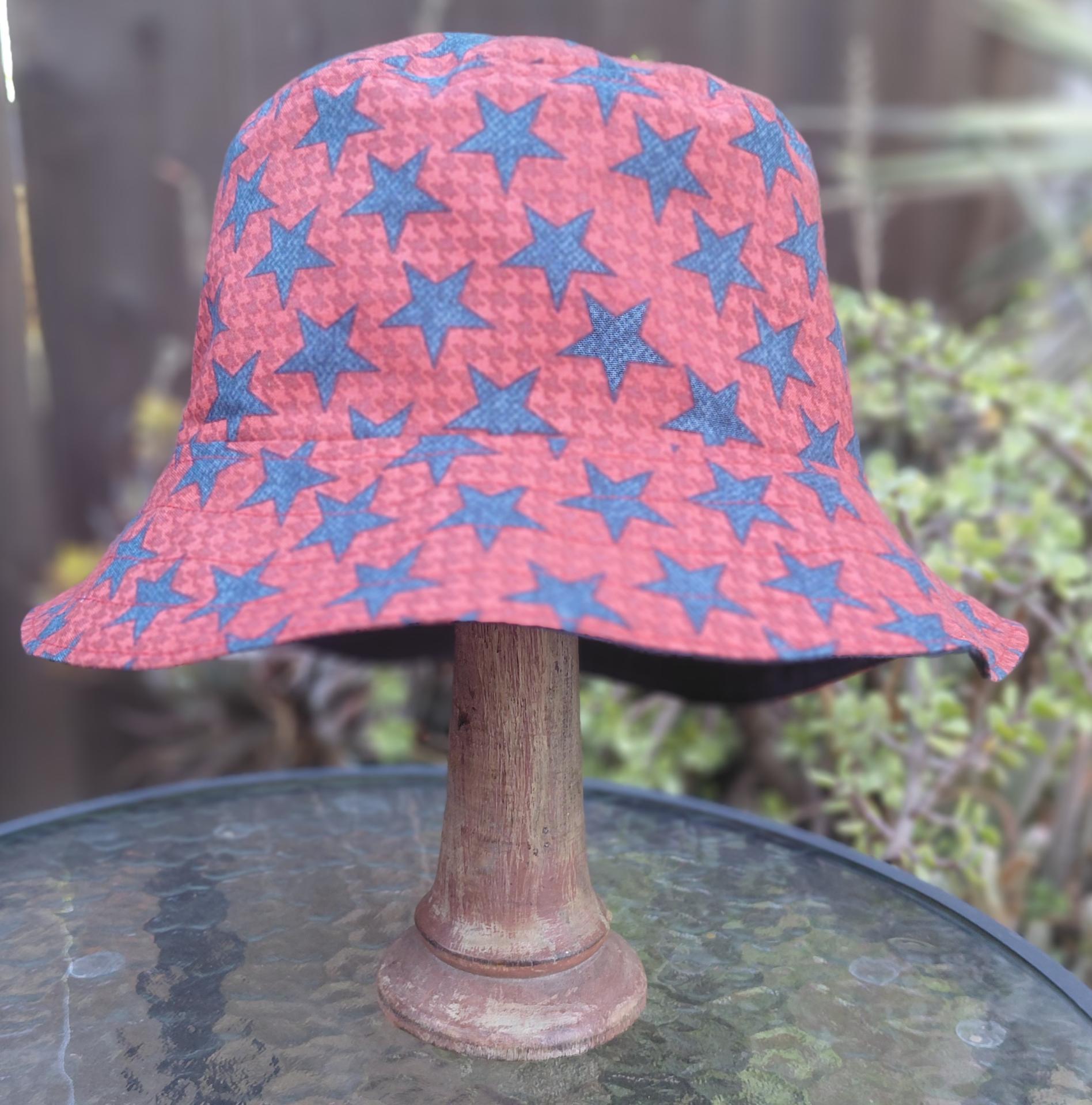Patriotic Bucket Hat, Red with Blue Stars, Adult Size Large, floppy hat, fishing hat, sun hat, beach hat, patriotic hat, July 4th