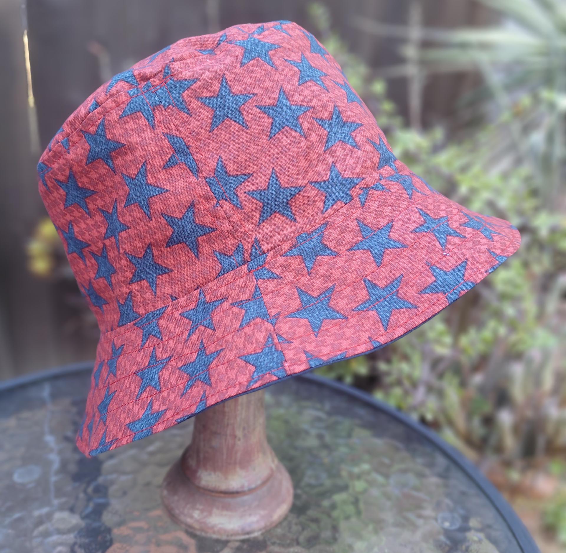 Patriotic Bucket Hat, Red with Blue Stars, Adult Size Large, floppy hat, fishing hat, sun hat, beach hat, patriotic hat, July 4th