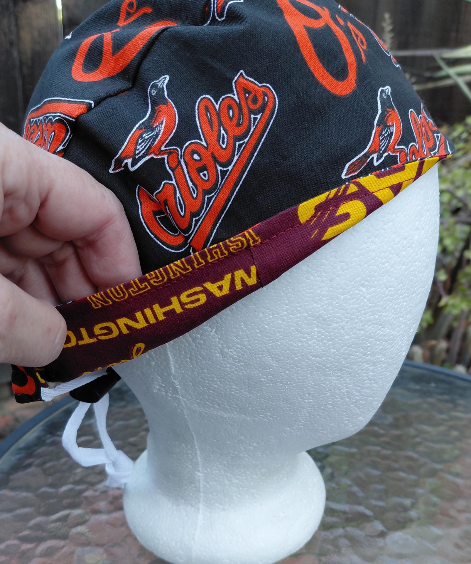 Toggle Cord Lock Reversible Washington Commanders / Baltimore Orioles scrub cap, handmade, adjustable, for nurse, dentist, technician, food service