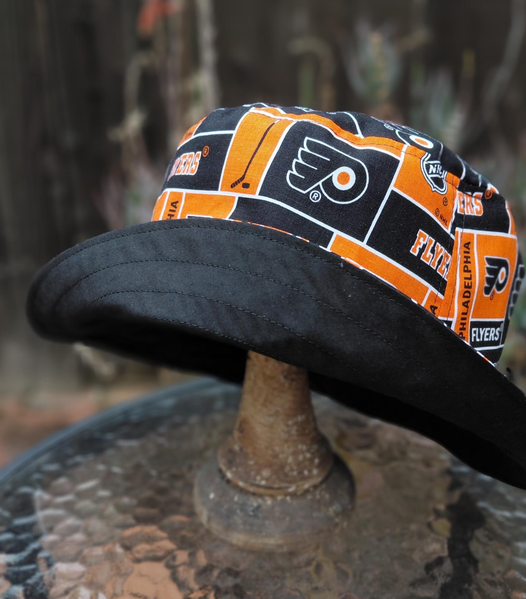 Philadelphia Flyers Bucket Hat, Handmade, Reversible to Black, Sizes up to 4XL, fishing hat, sun hat, floppy hat, ponytail hat, hockey