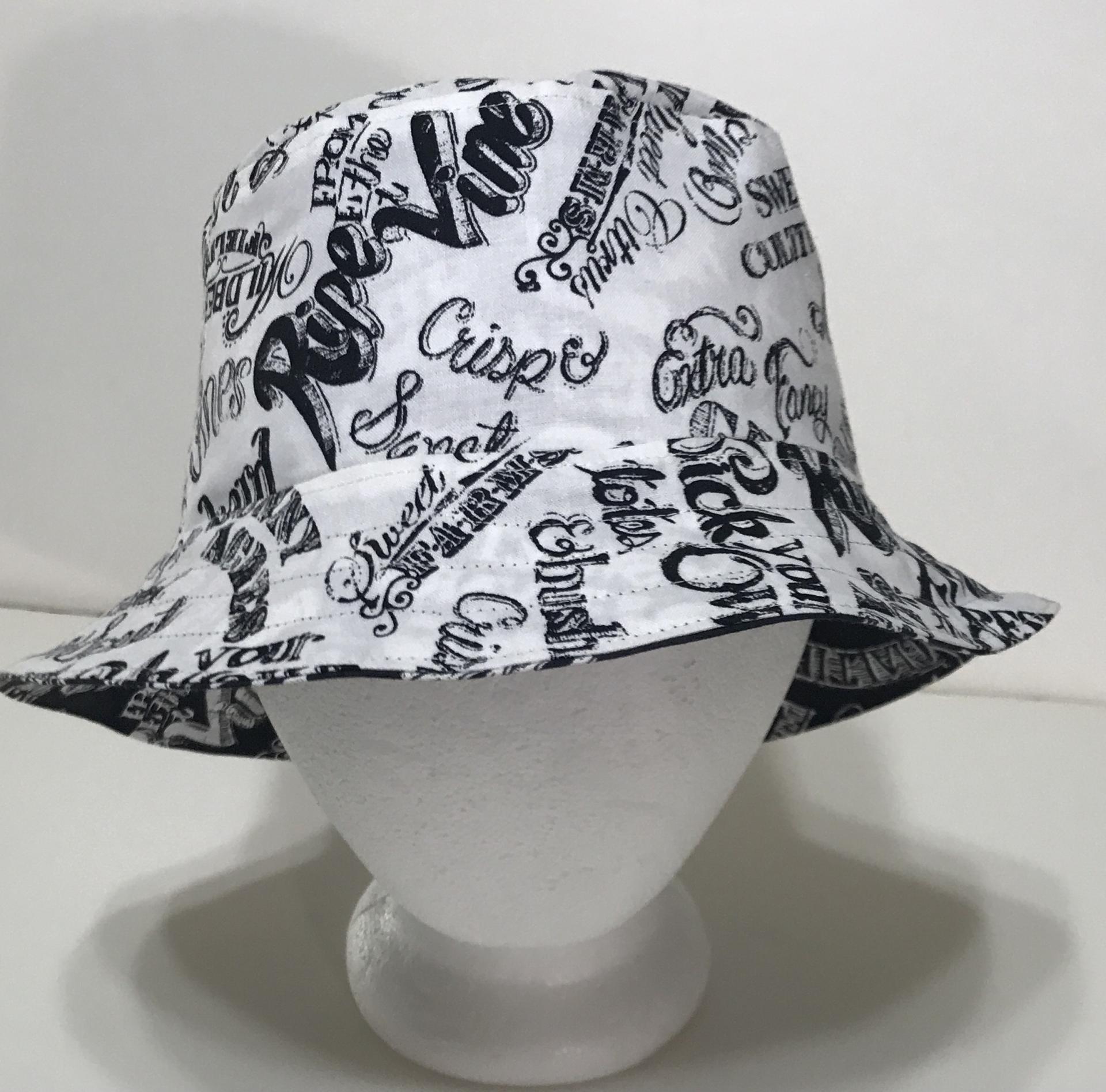 Garden Theme Bucket Hat, Black & White, Reversible Gardening Hat, Sizes up to 4XL, Cotton, Gift for Gardener, Farmers' Market Vegetables