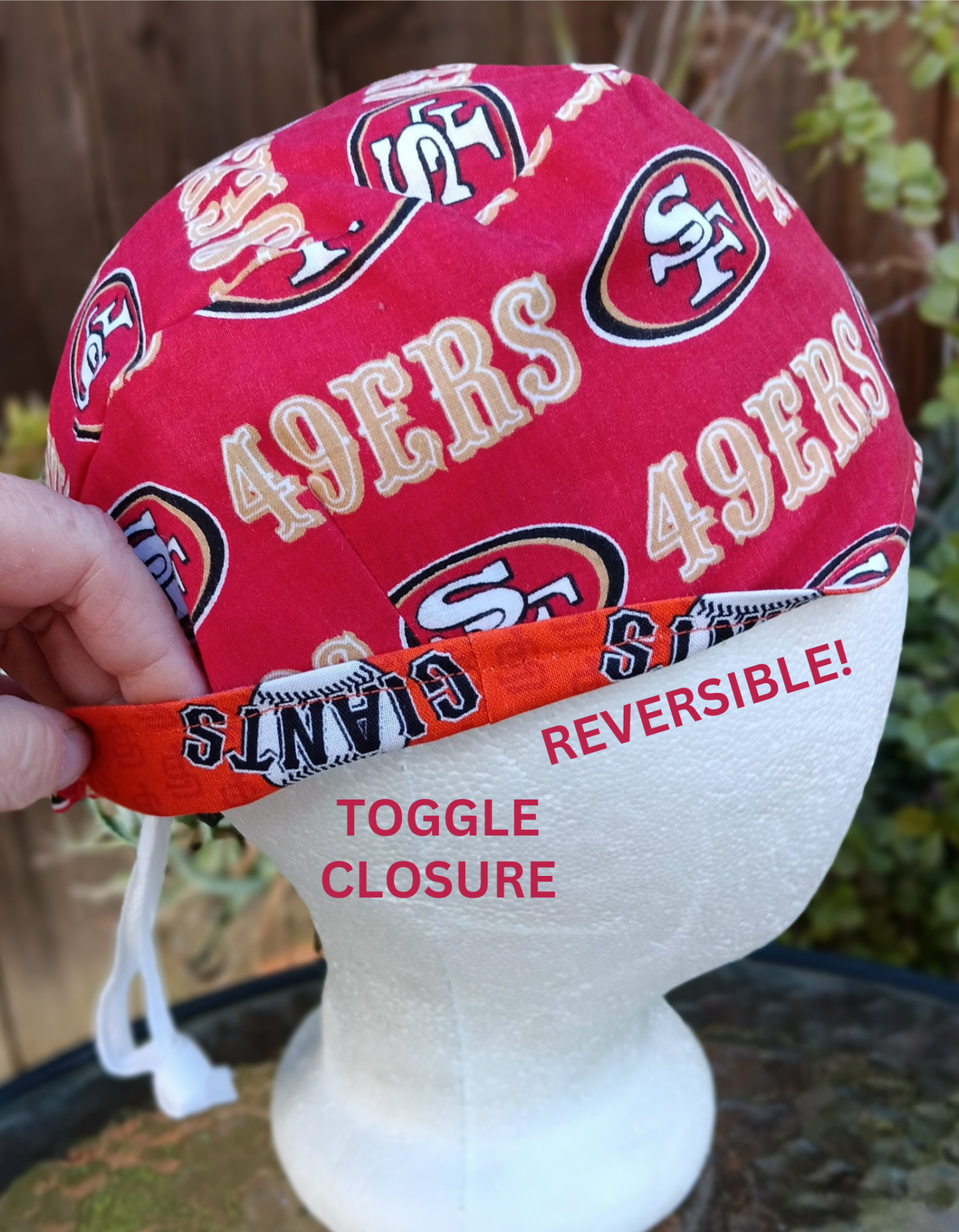 Toggle Cord Lock Reversible SF 49ers & Giants scrub cap, adjustable, for nurse, dentist, technician, food service, handmade