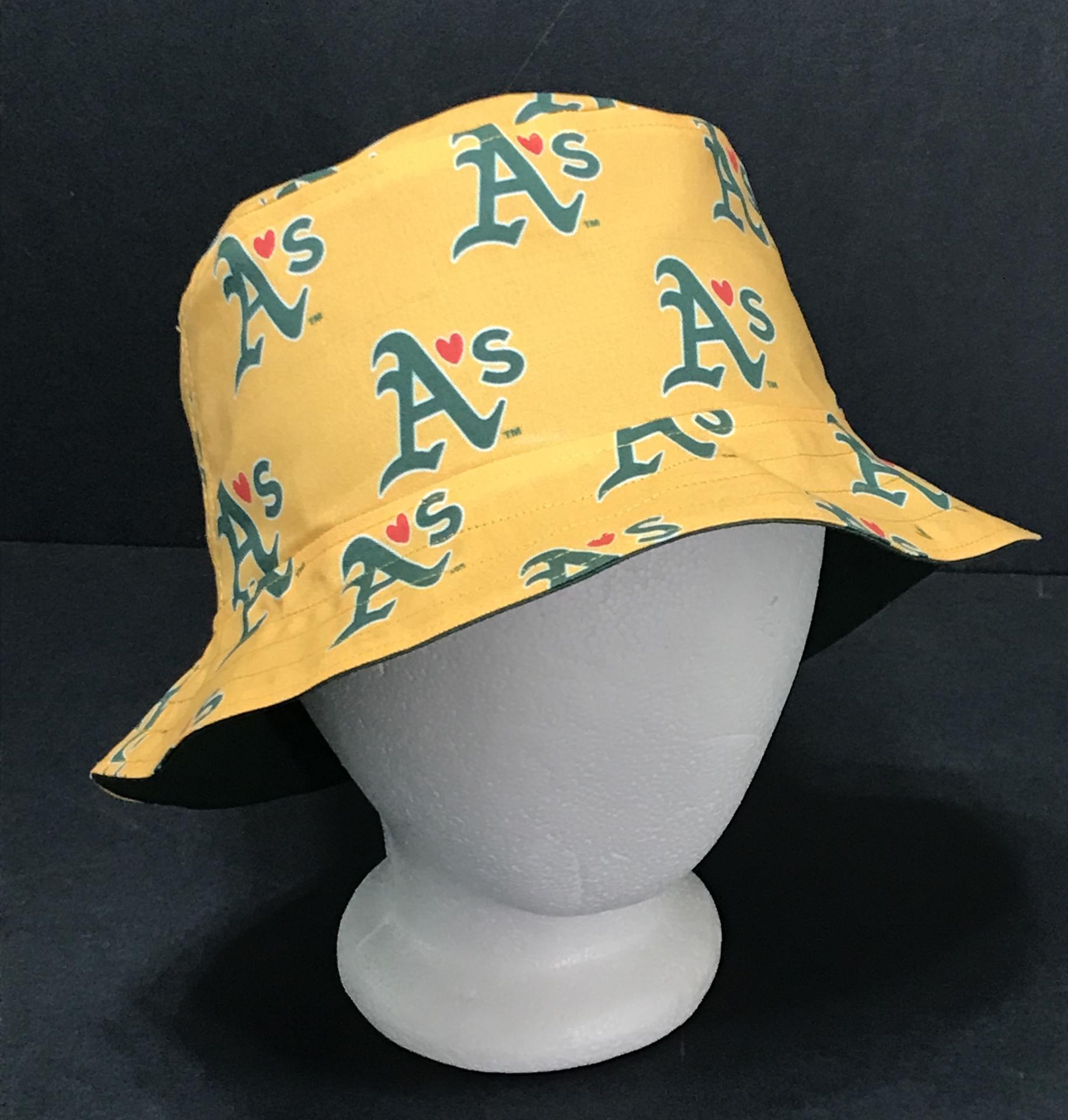 SELL the Team Bucket Hat, Reversible to Green A's with Red Heart on Golden Yellow, Unisex Sizes up to 4XL, Oakland, floppy hat, sun hat, adults and older children, handmade