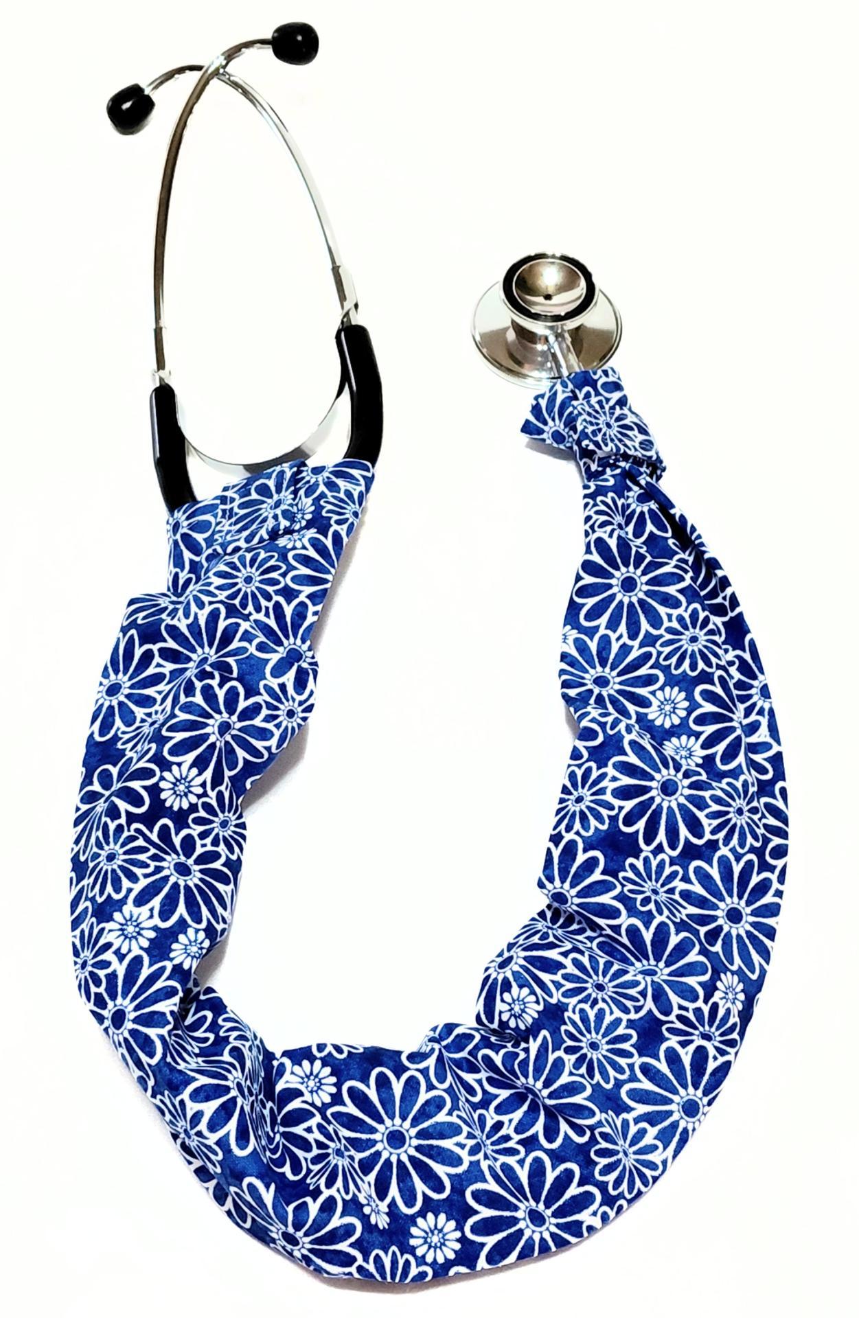 Wide Stethoscope Cover, Blue and White Floral Stethoscope Sleeve for non removable bells, gift for nurse, doctor, veterinarian, student