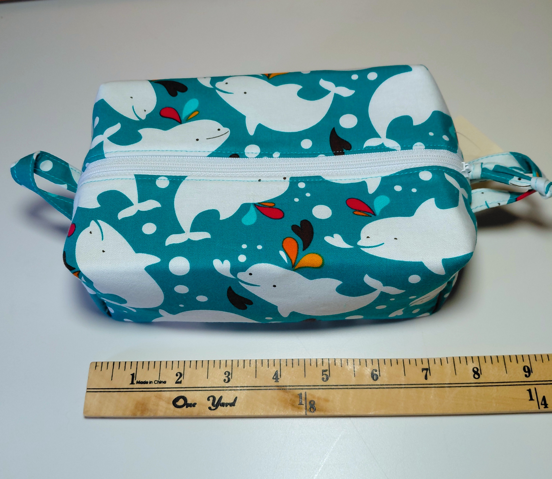 Boxy Zipper Pouch Cosmetic Bag, White Whales, Baby Shower Gift, Children's Print, Gift for Whale Lover
