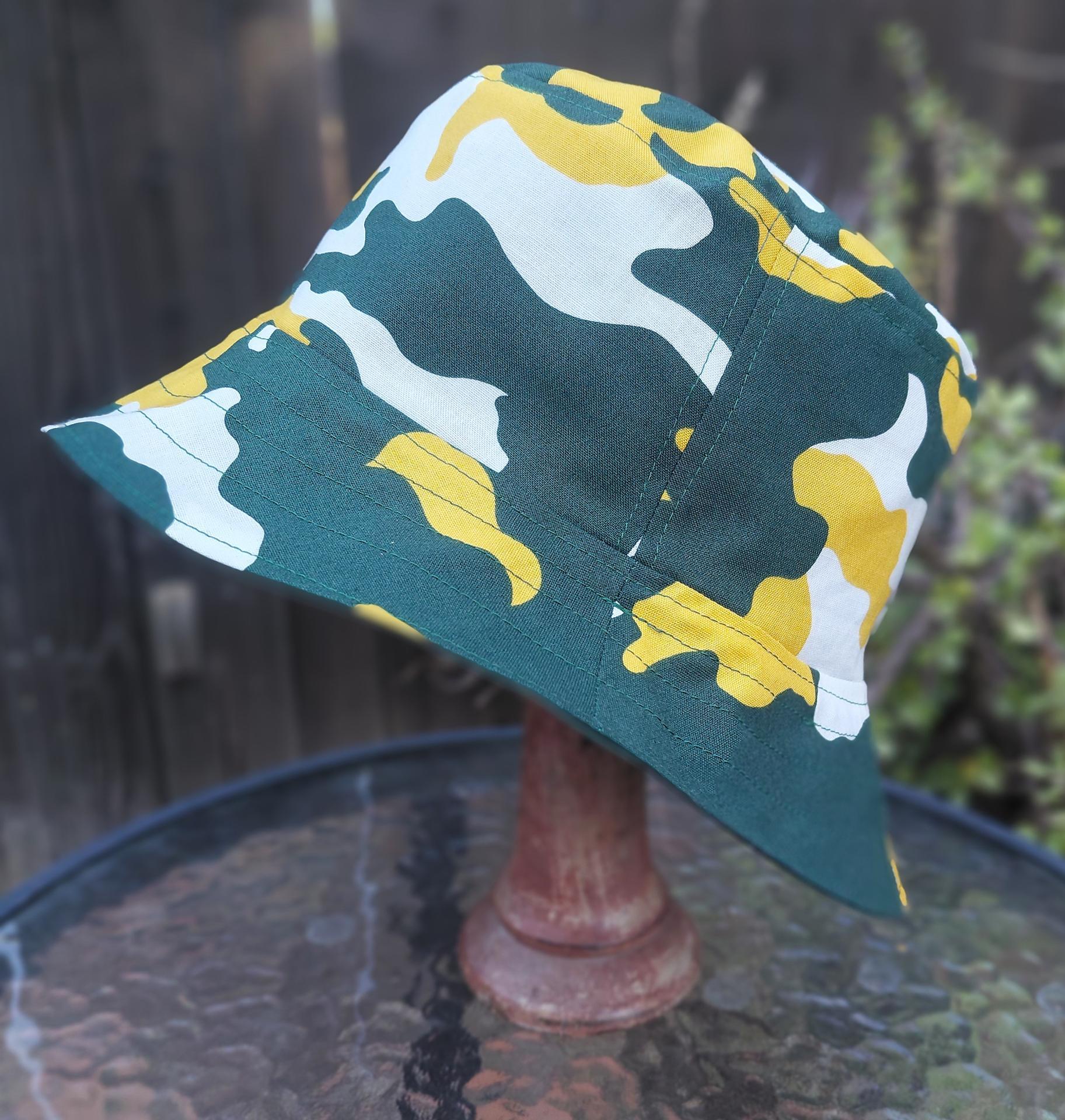 Camouflage Bucket Hat, Green, Yellow and White, Sizes up to 4XL, floppy hat, fishing hat, sun hat, beach hat, vacation hat, summer hat