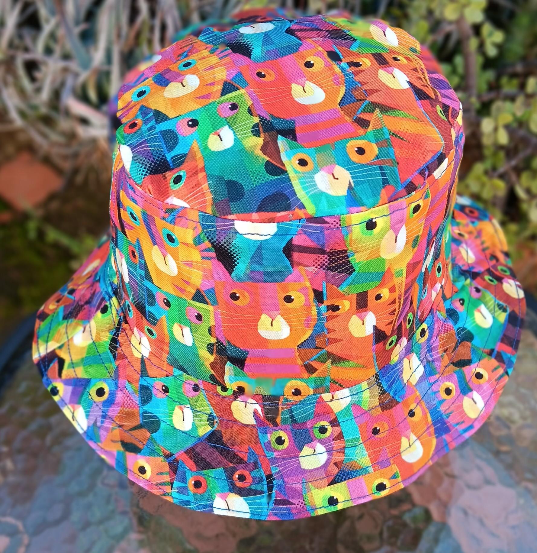 Bright Multicolor Cats Bucket Hat, Reversible to Blue, Sizes up to 4XL, sun hat, floppy hat, gift for cat lover, handmade