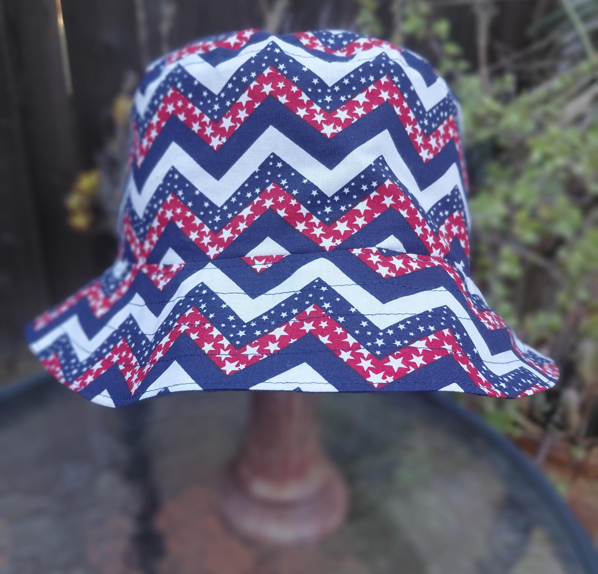 Patriotic Bucket Hat, Red White & Blue Chevron, Sizes S-M-L, floppy hat, fishing hat, sun hat, beach hat, patriotic hat, July 4th