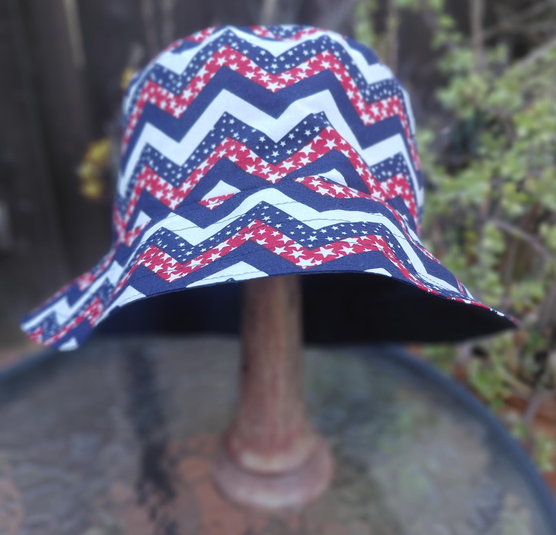 Patriotic Bucket Hat, Red White & Blue Chevron, Sizes S-M-L, floppy hat, fishing hat, sun hat, beach hat, patriotic hat, July 4th