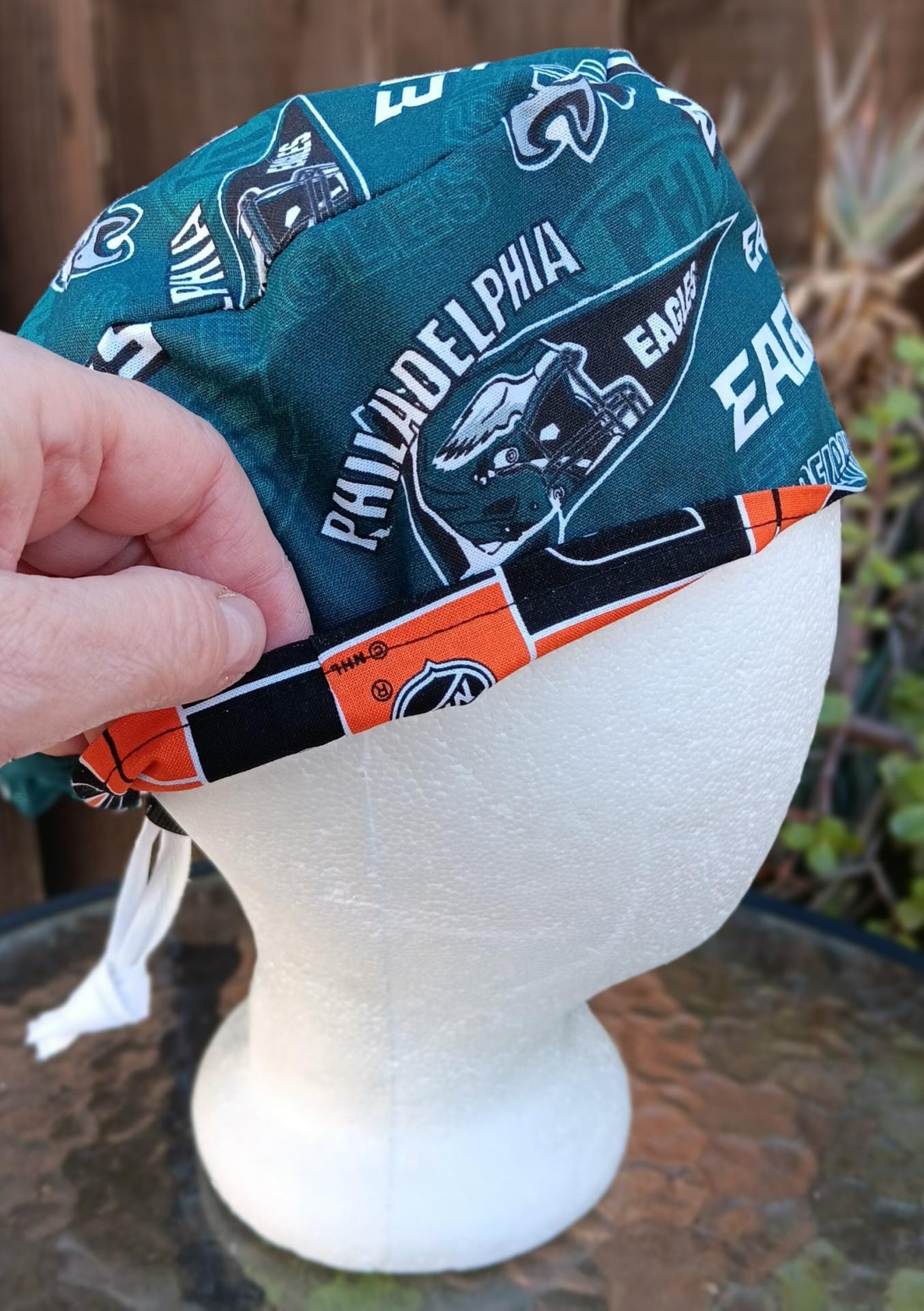 Toggle Cord Lock Reversible Philadelphia Eagles / Flyers scrub cap, adjustable, for nurse, dentist, technician, food service, handmade