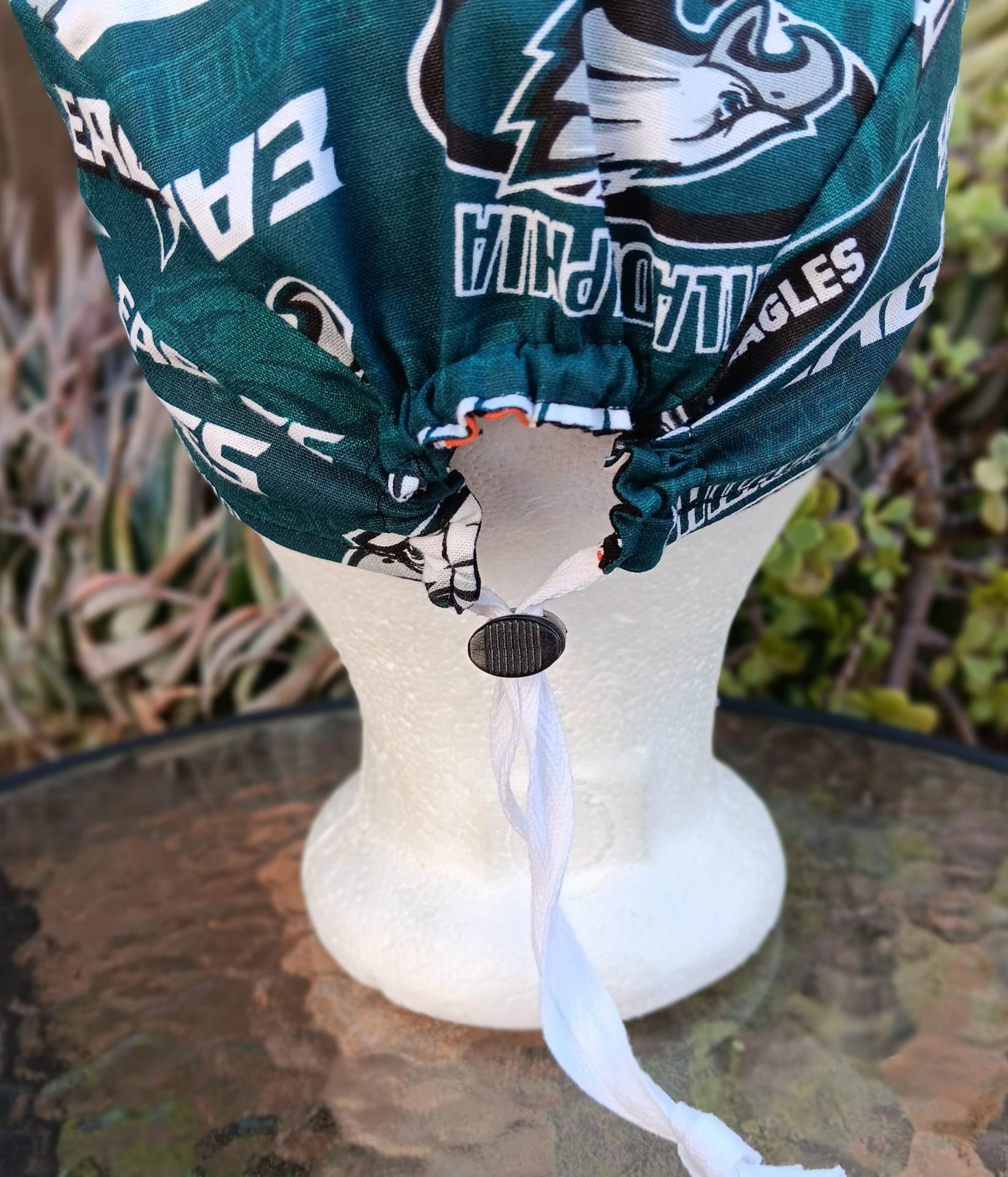 Toggle Cord Lock Reversible Philadelphia Eagles / Flyers scrub cap, adjustable, for nurse, dentist, technician, food service, handmade