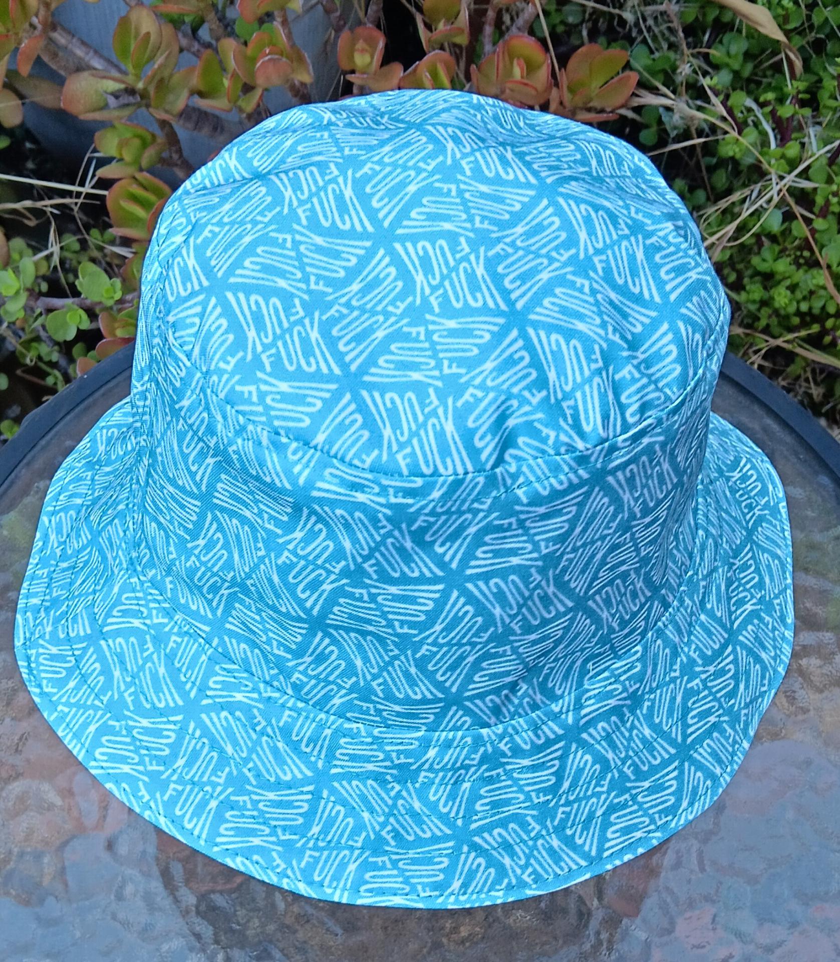 Geometic "F*ck" Print Bucket Hat, Reversible to Turquoise Blue, Size up to XXL, summer hat, sun hat, floppy hat, funny sassy gift for friend, adult gift