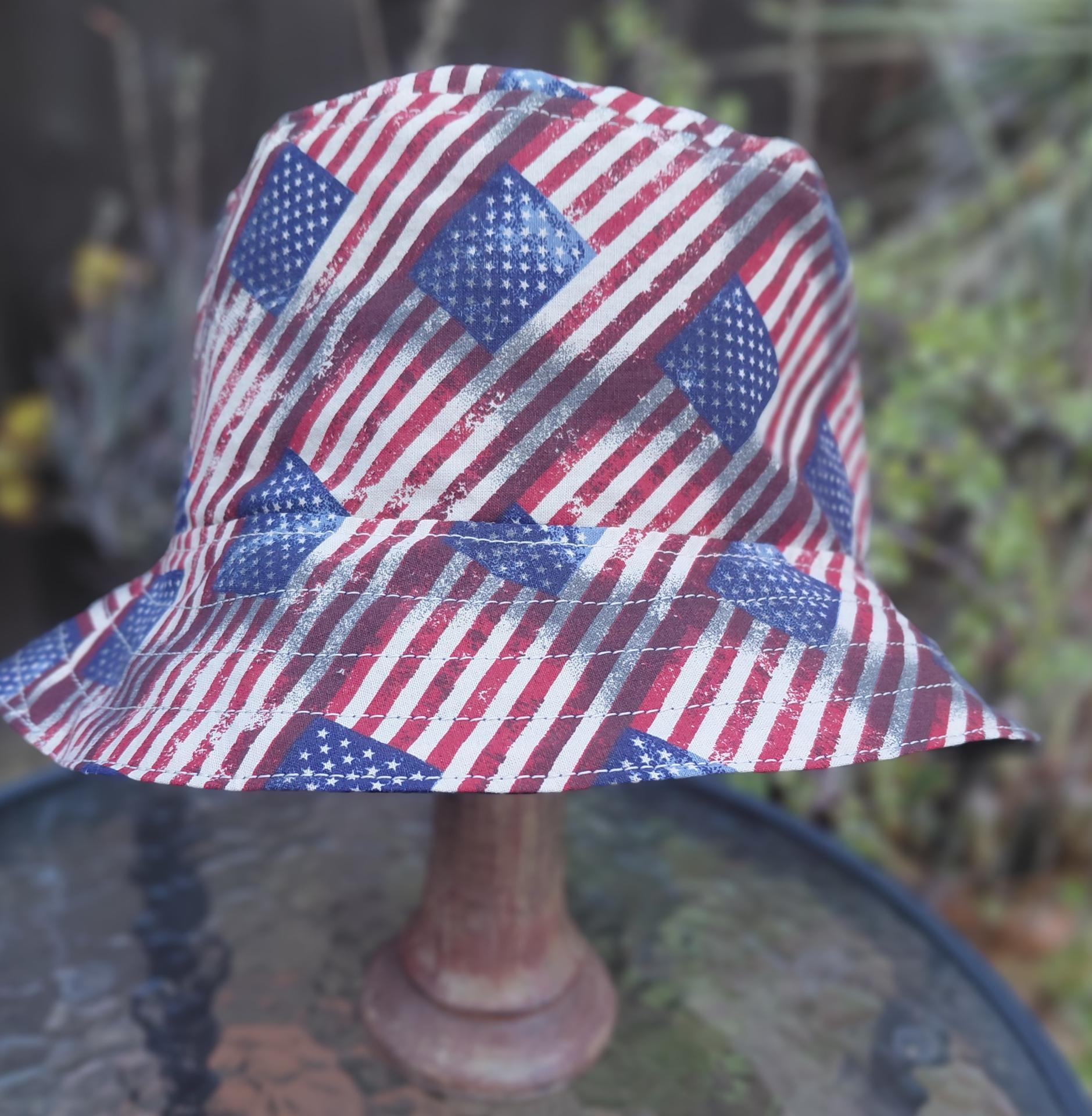 American Flags Bucket Hat, Distressed Print, Sizes up to XL, floppy hat, fishing hat, sun hat, beach hat, patriotic hat, July 4th