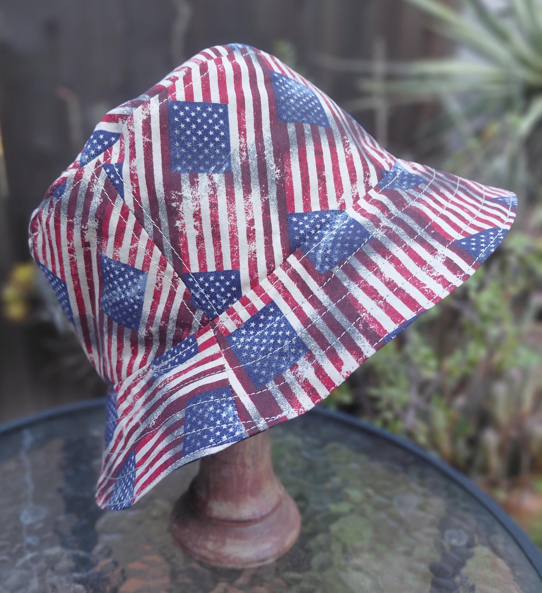 American Flags Bucket Hat, Distressed Print, Sizes up to XL, floppy hat, fishing hat, sun hat, beach hat, patriotic hat, July 4th