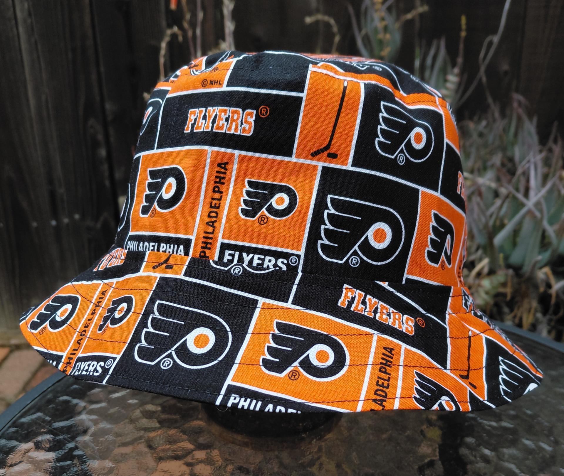 Philadelphia Flyers Bucket Hat, Handmade, Reversible to Black, Sizes up to 4XL, fishing hat, sun hat, floppy hat, ponytail hat, hockey