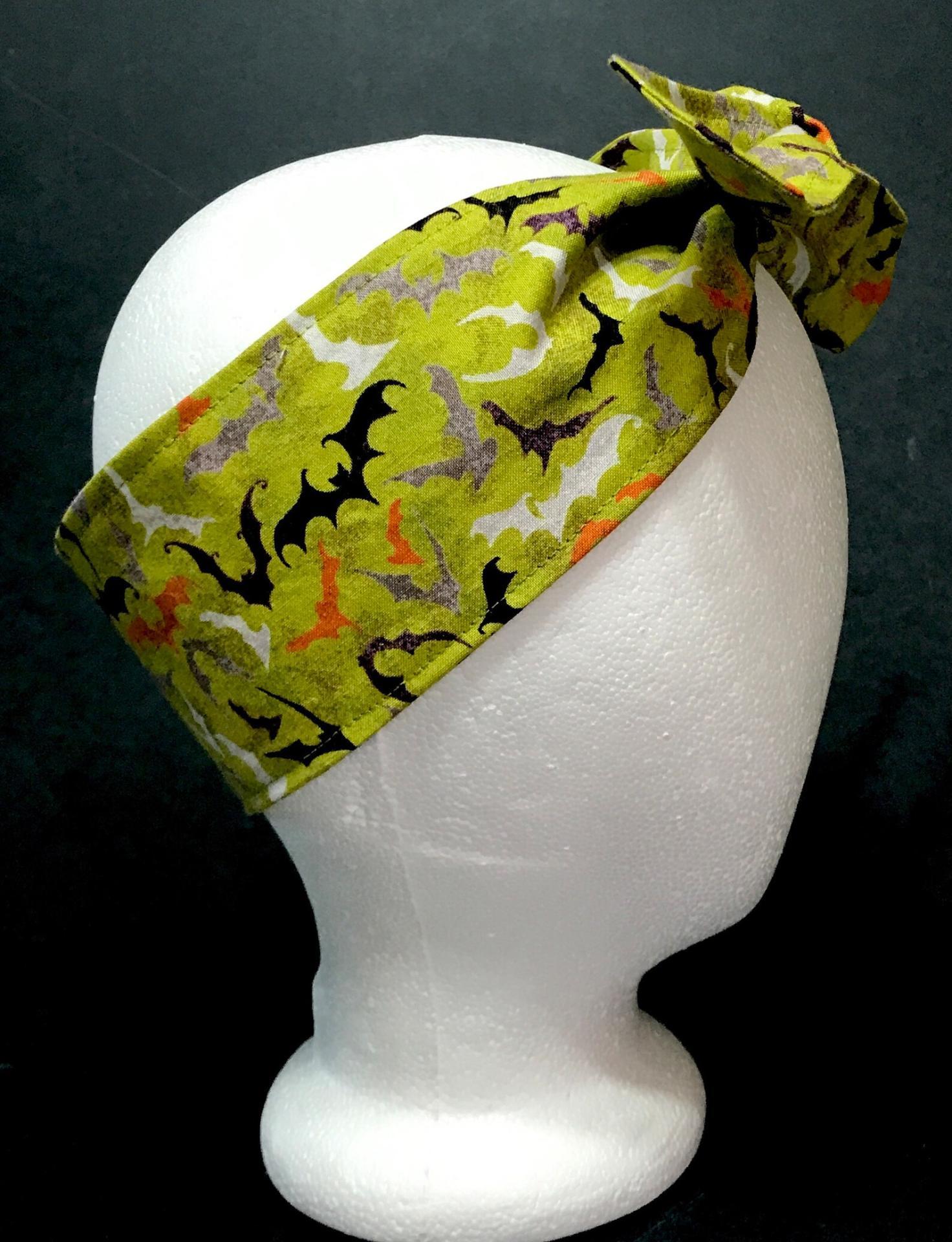 3” Wide Flying Bats headband for Halloween, green, self tie, hair wrap, pin up style, hair tie, hat scarf, hat band