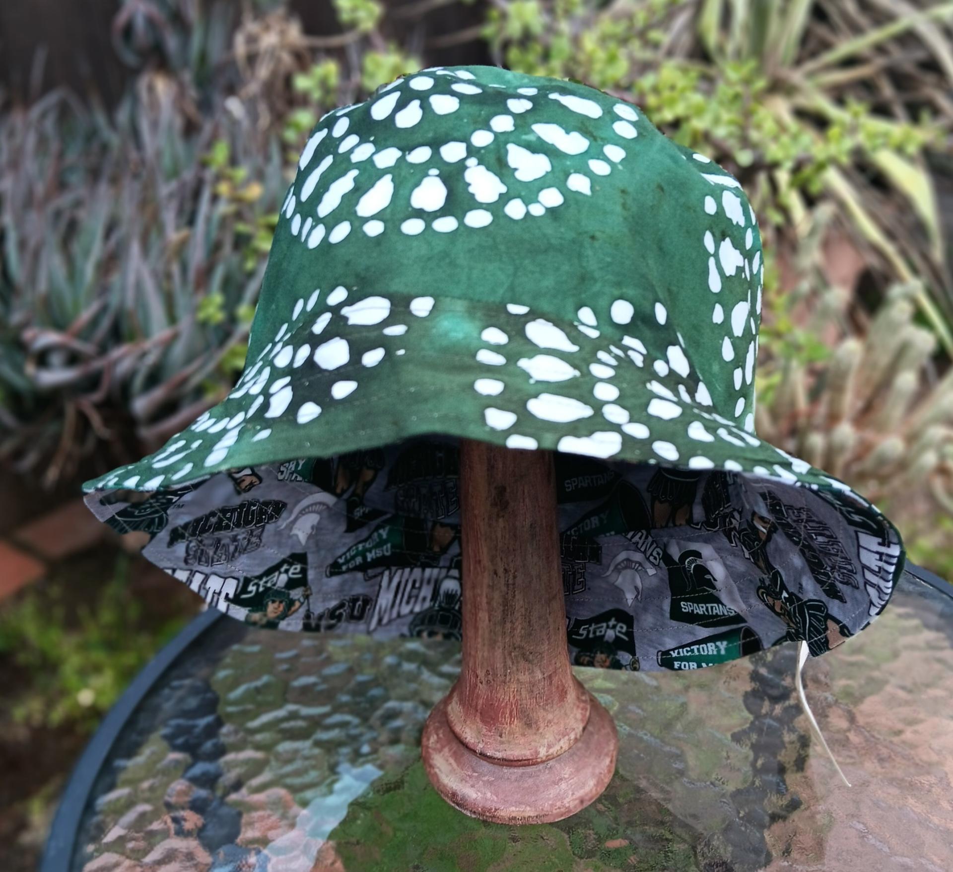 MSU Bucket Hat, Handmade, Reversible to Green & White Batik, Size LARGE, summer hat, fishing hat, floppy hat, Michigan