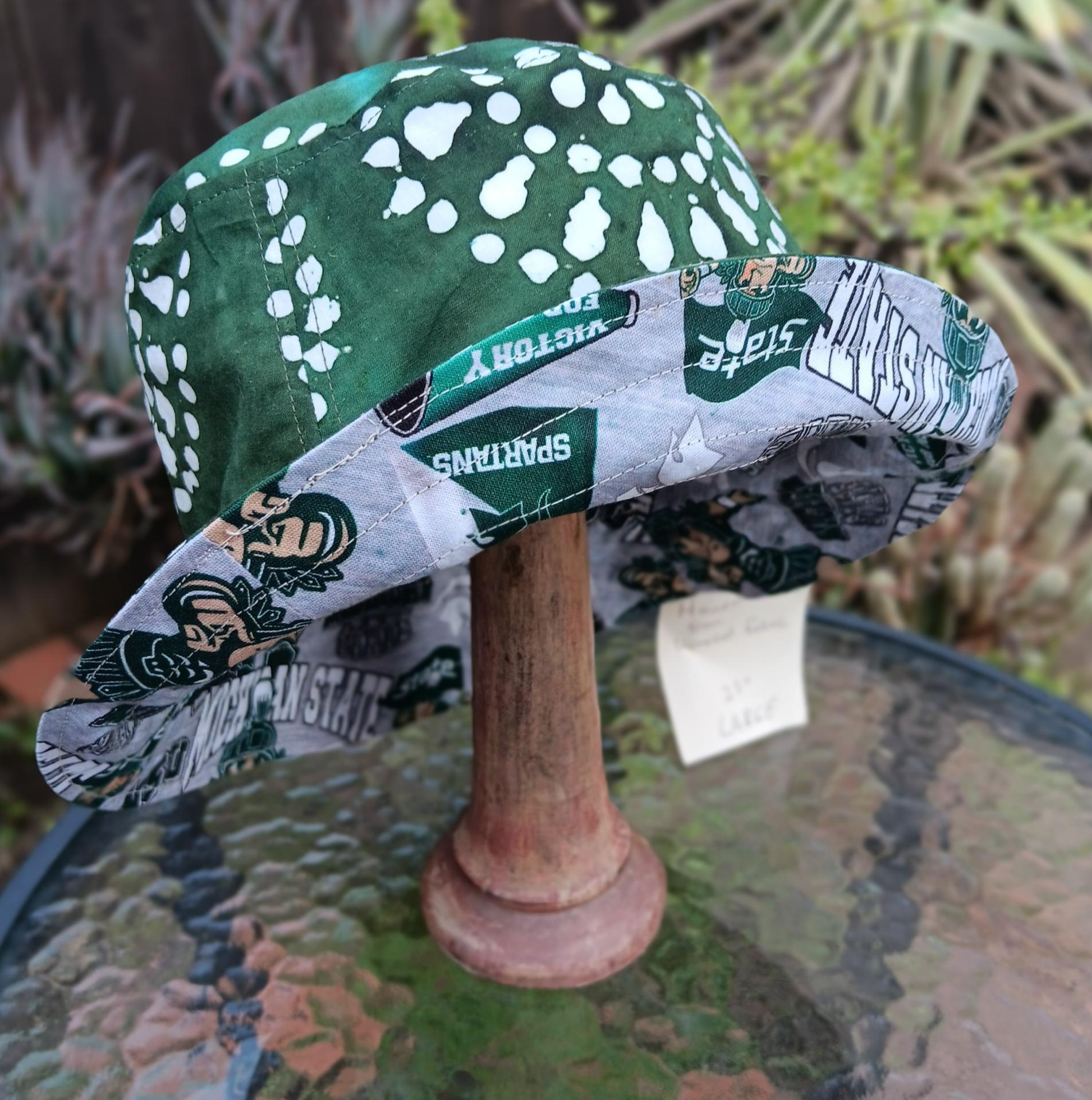 MSU Bucket Hat, Handmade, Reversible to Green & White Batik, Size LARGE, summer hat, fishing hat, floppy hat, Michigan