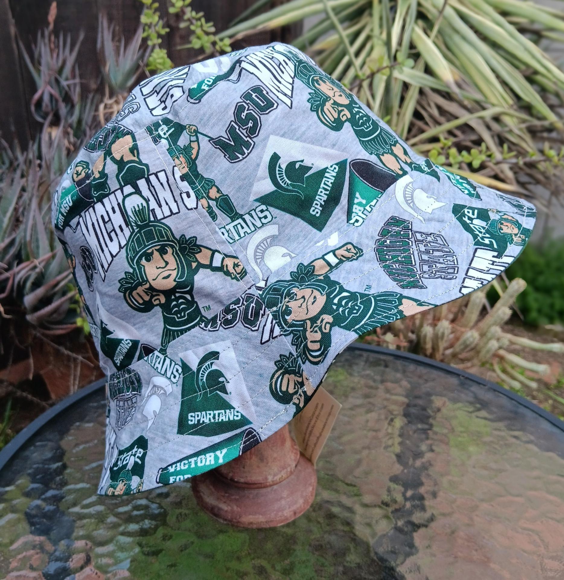 MSU Bucket Hat, Handmade, Reversible to Green & White Batik, Size LARGE, summer hat, fishing hat, floppy hat, Michigan