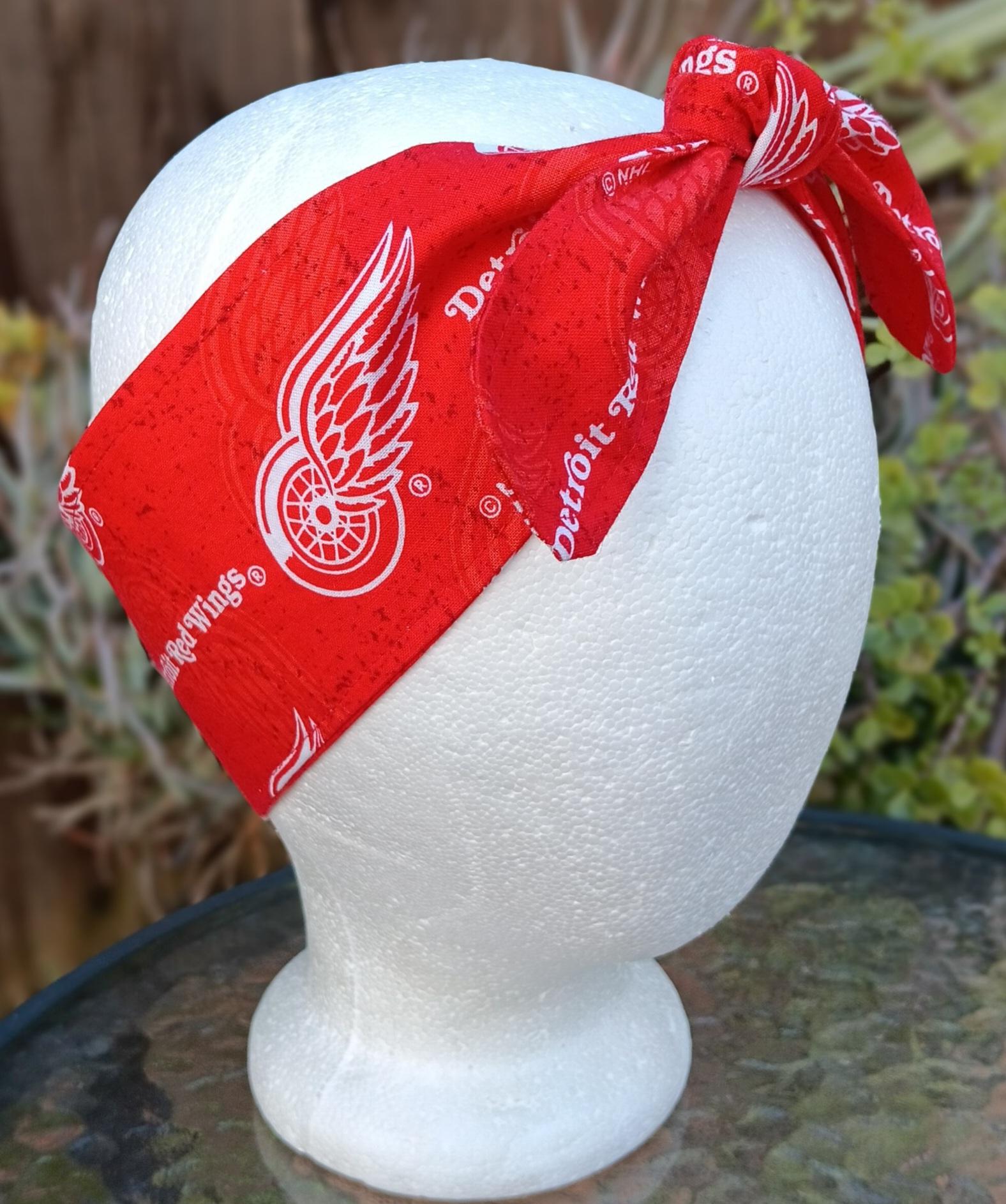 3” Wide Detroit Red Wings Headband, Red, Handmade, self tie, hair wrap, pin up style, hair tie, bandana, head scarf, retro style, rockabilly, hockey