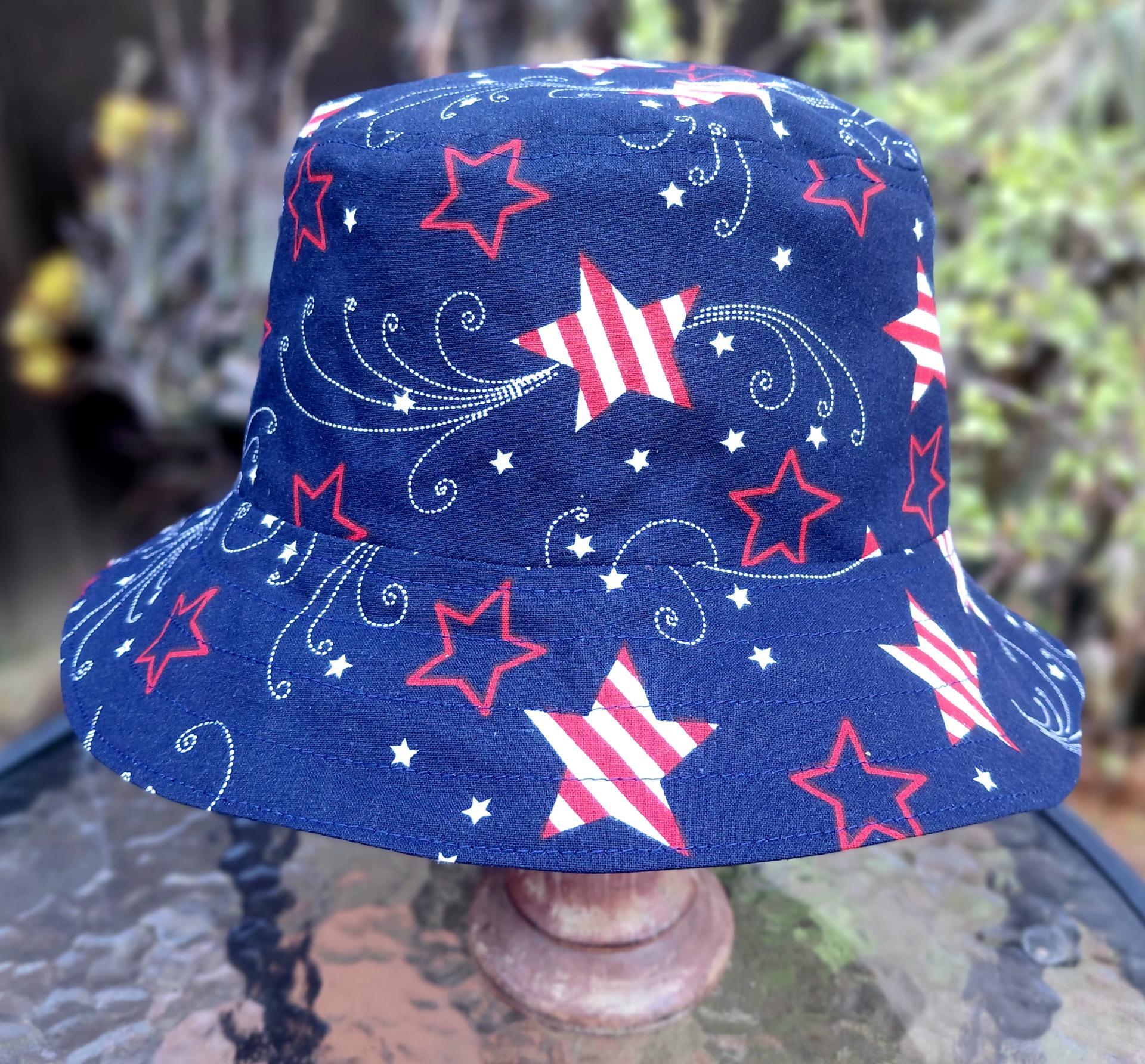 Patriotic Stars Bucket Hat, Navy Blue, Unisex Sizes up to 4XL, floppy hat, fishing hat, sun hat, beach hat, patriotic hat, July 4th