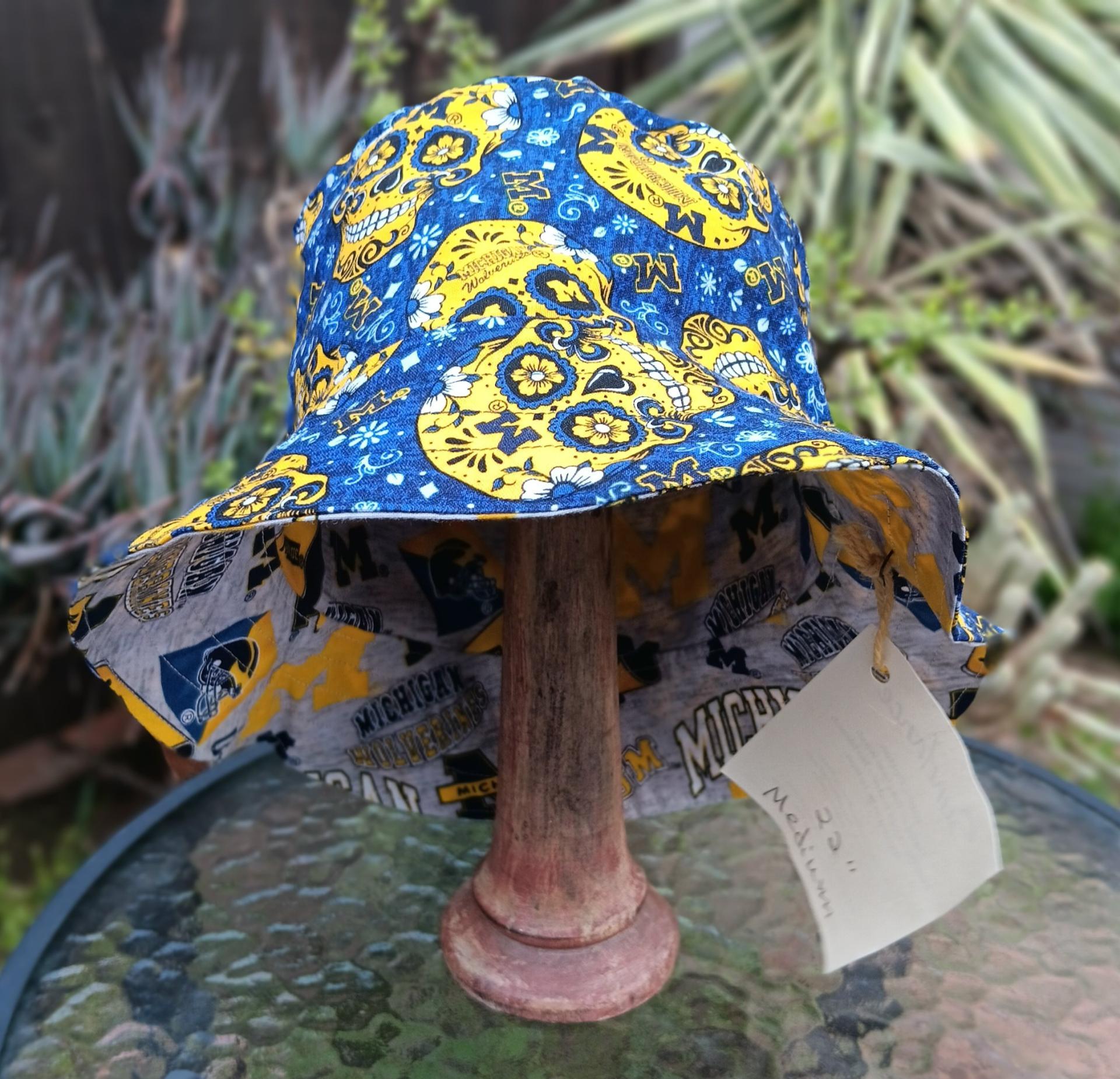 University of Michigan Sugar Skulls Bucket Hat, Handmade, Reversible, Size MEDIUM, summer hat, fishing hat, floppy hat
