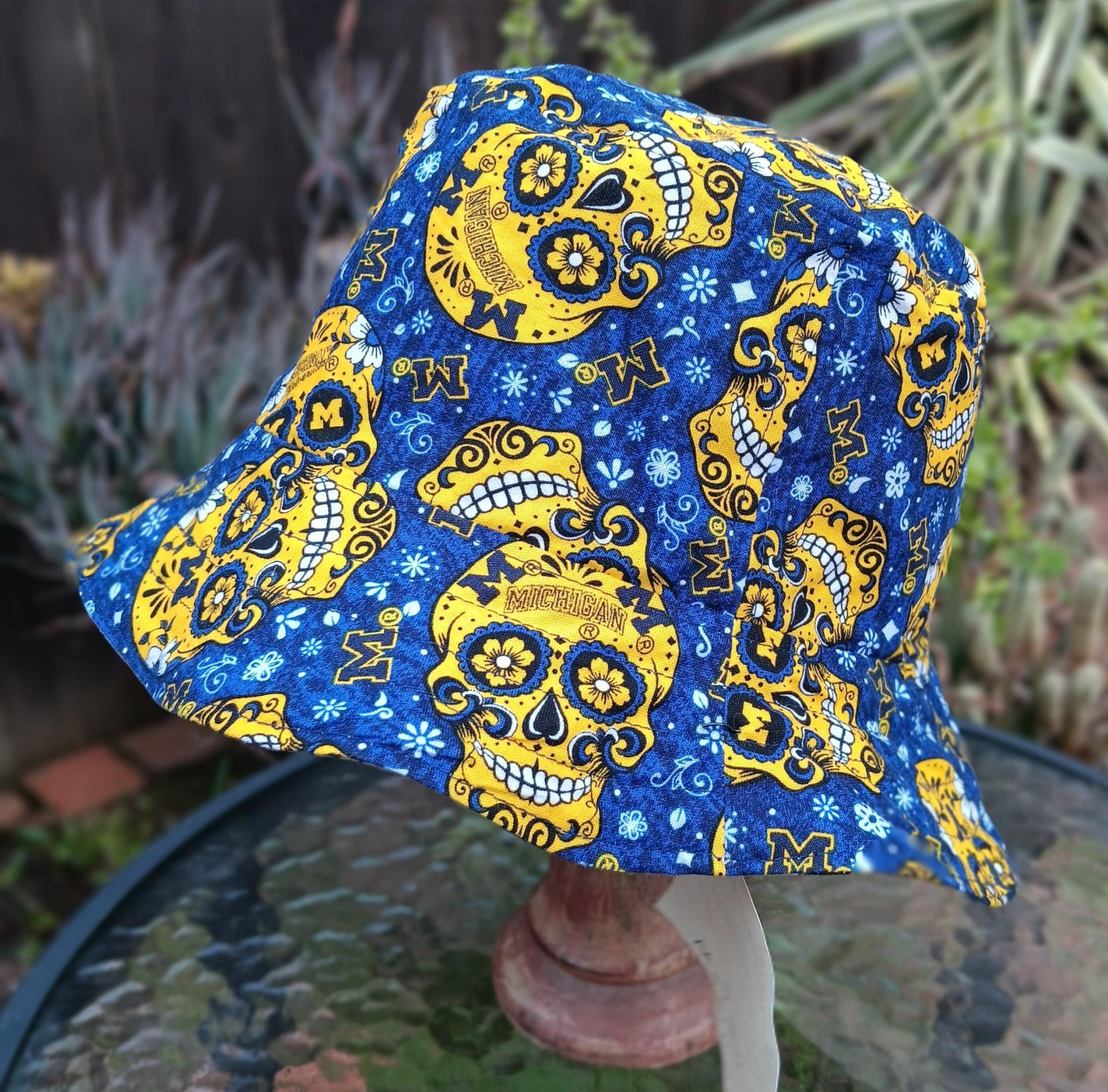 University of Michigan Sugar Skulls Bucket Hat, Handmade, Reversible, Size MEDIUM, summer hat, fishing hat, floppy hat