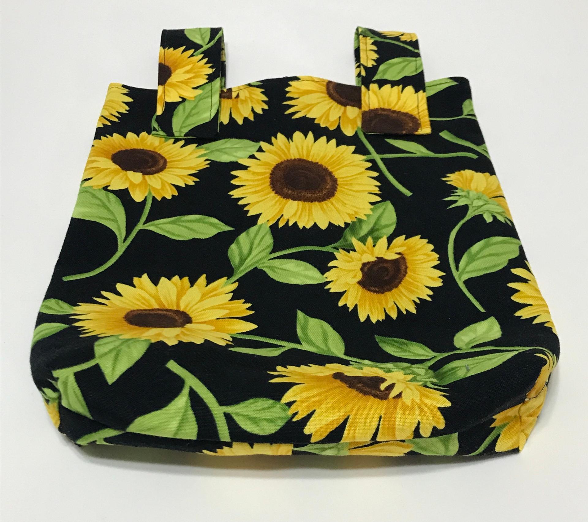 Simple basic crutch bag, walker bag, scooter handlebars bag, caddy, hook & loop, hanging bag, yellow sunflowers on black background