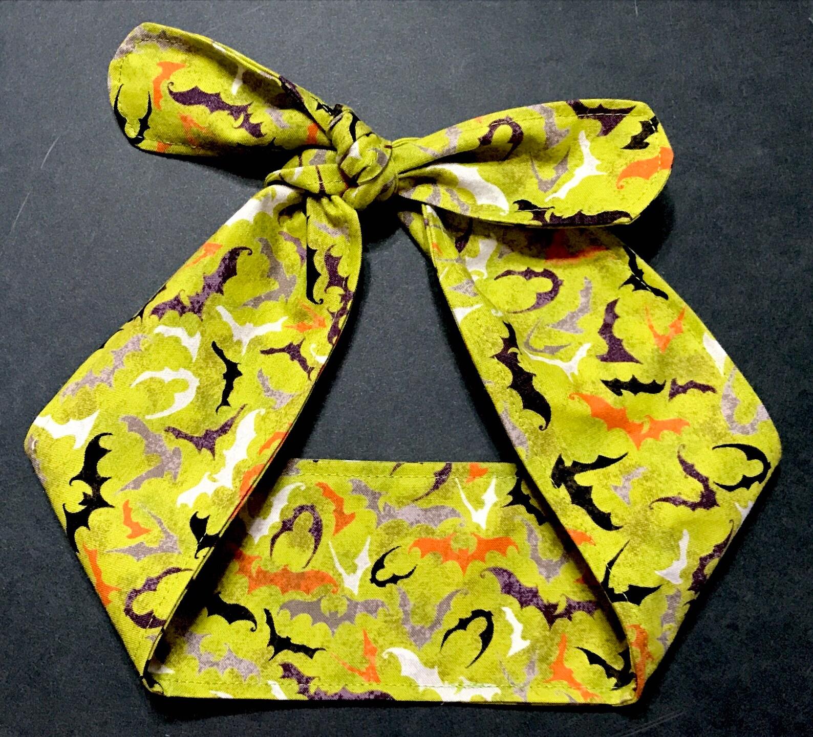 3” Wide Flying Bats headband for Halloween, green, self tie, hair wrap, pin up style, hair tie, hat scarf, hat band