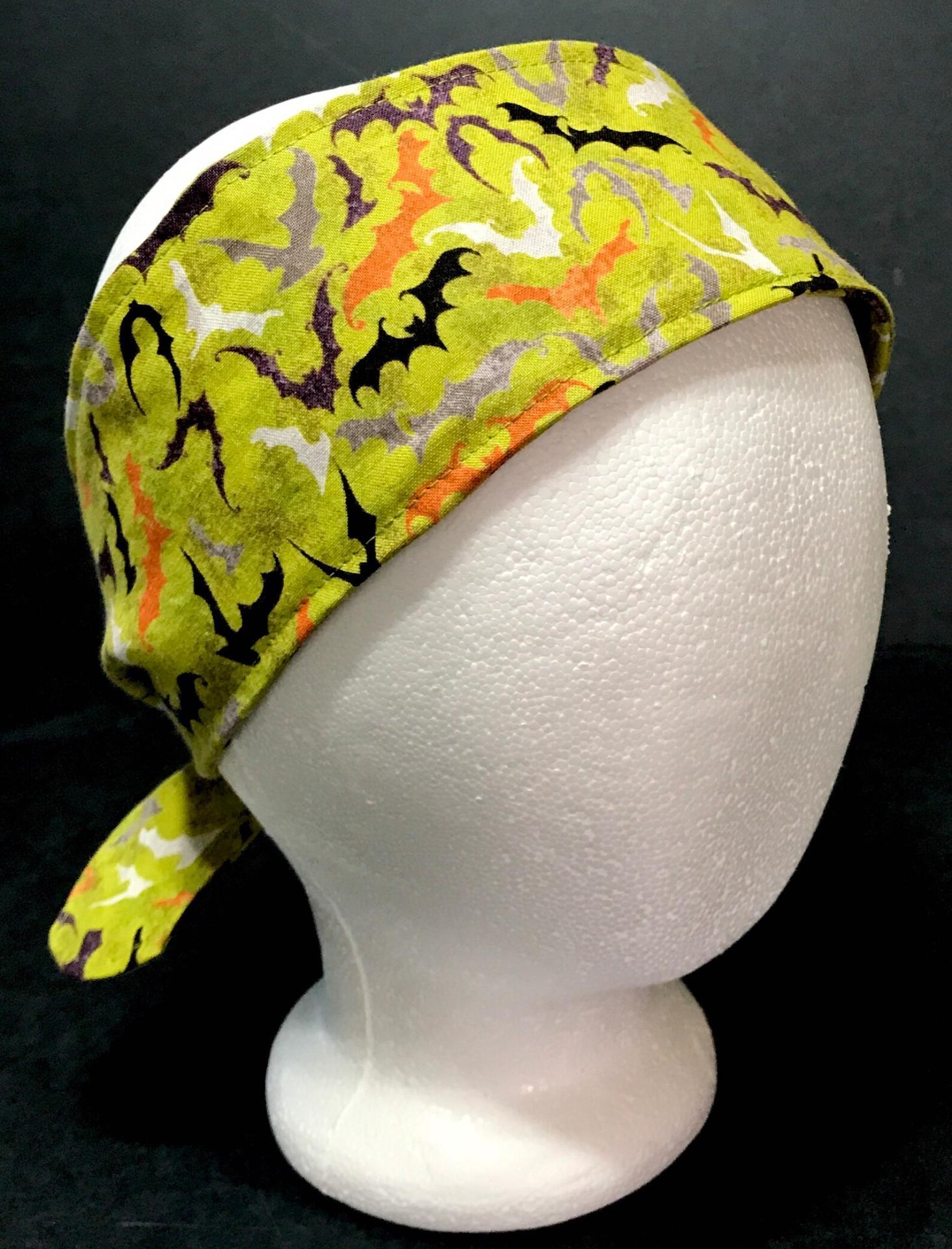 3” Wide Flying Bats headband for Halloween, green, self tie, hair wrap, pin up style, hair tie, hat scarf, hat band