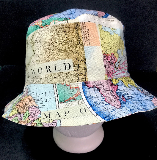 Map Theme Bucket Hat, Reversible, World Travel, Geography, Tourist Hat, Cruise Hat, Traveler Gift, Cartography, ponytail hat, up to 4XL